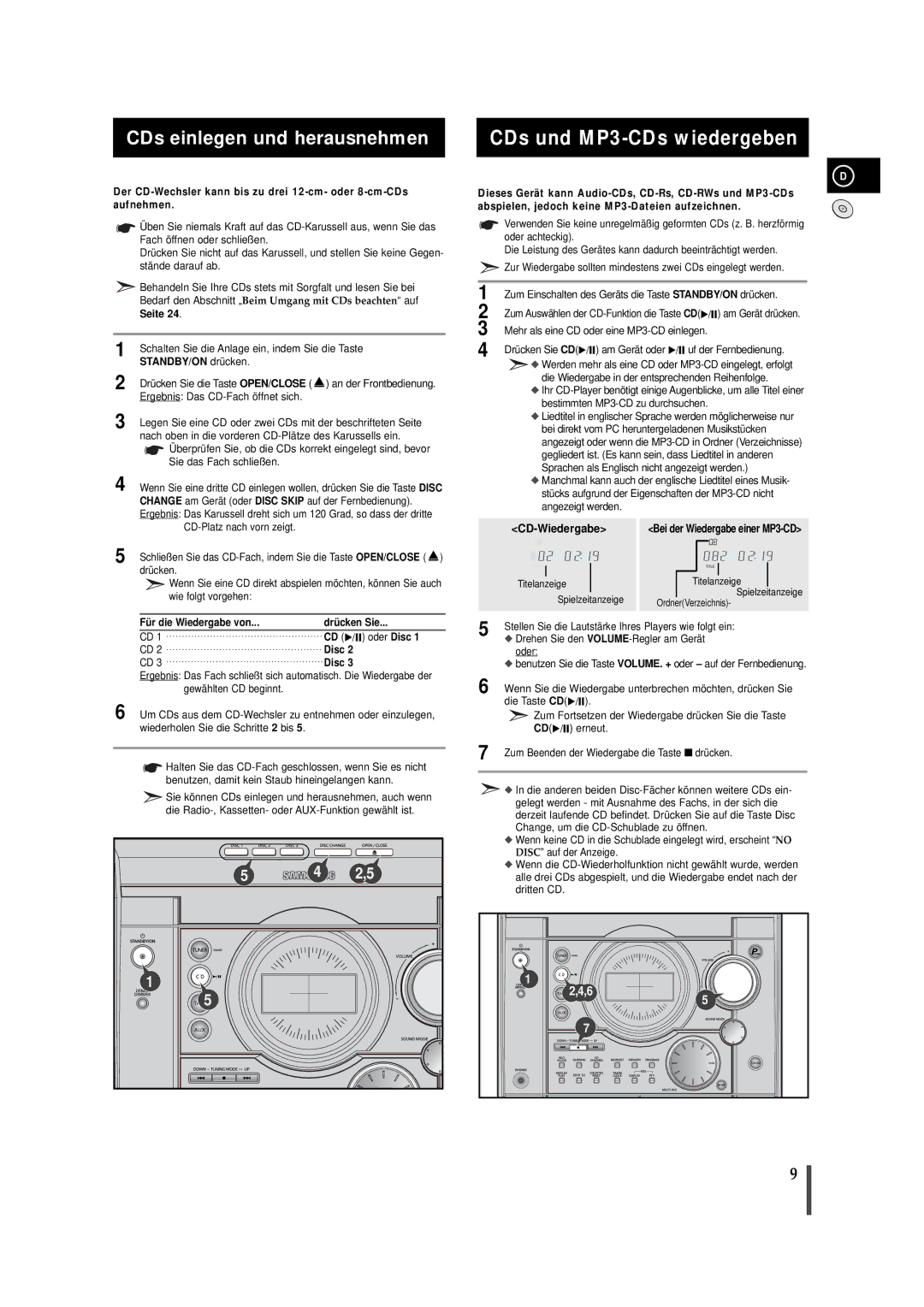 Samsung MAXZJ550RH/EDC manual CDs und MP3-CDs wiedergeben, CDs einlegen und herausnehmen, Seite 