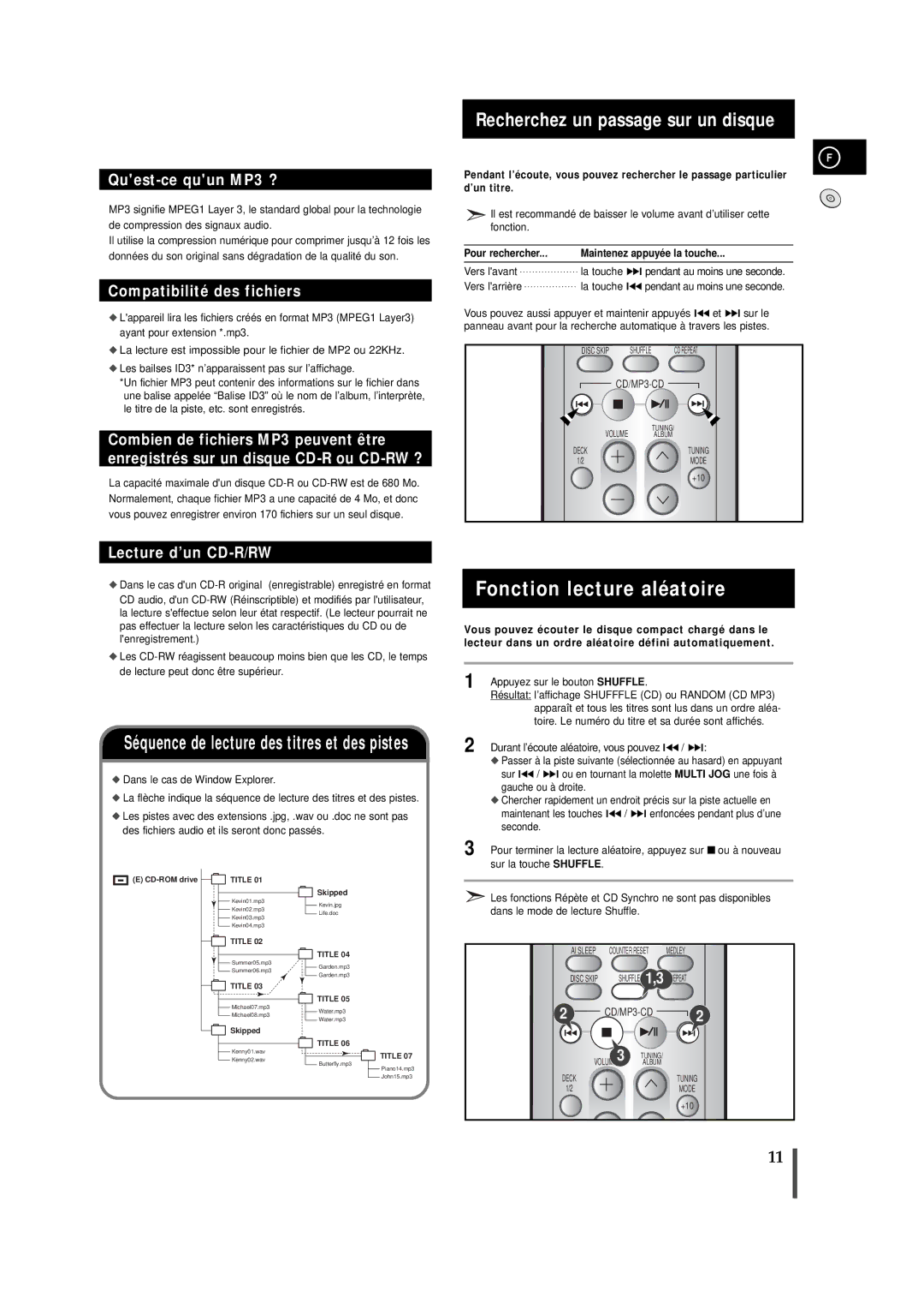 Samsung MAXZJ550RH/ELS manual Fonction lecture aléatoire, Recherchez un passage sur un disque, Pour rechercher 