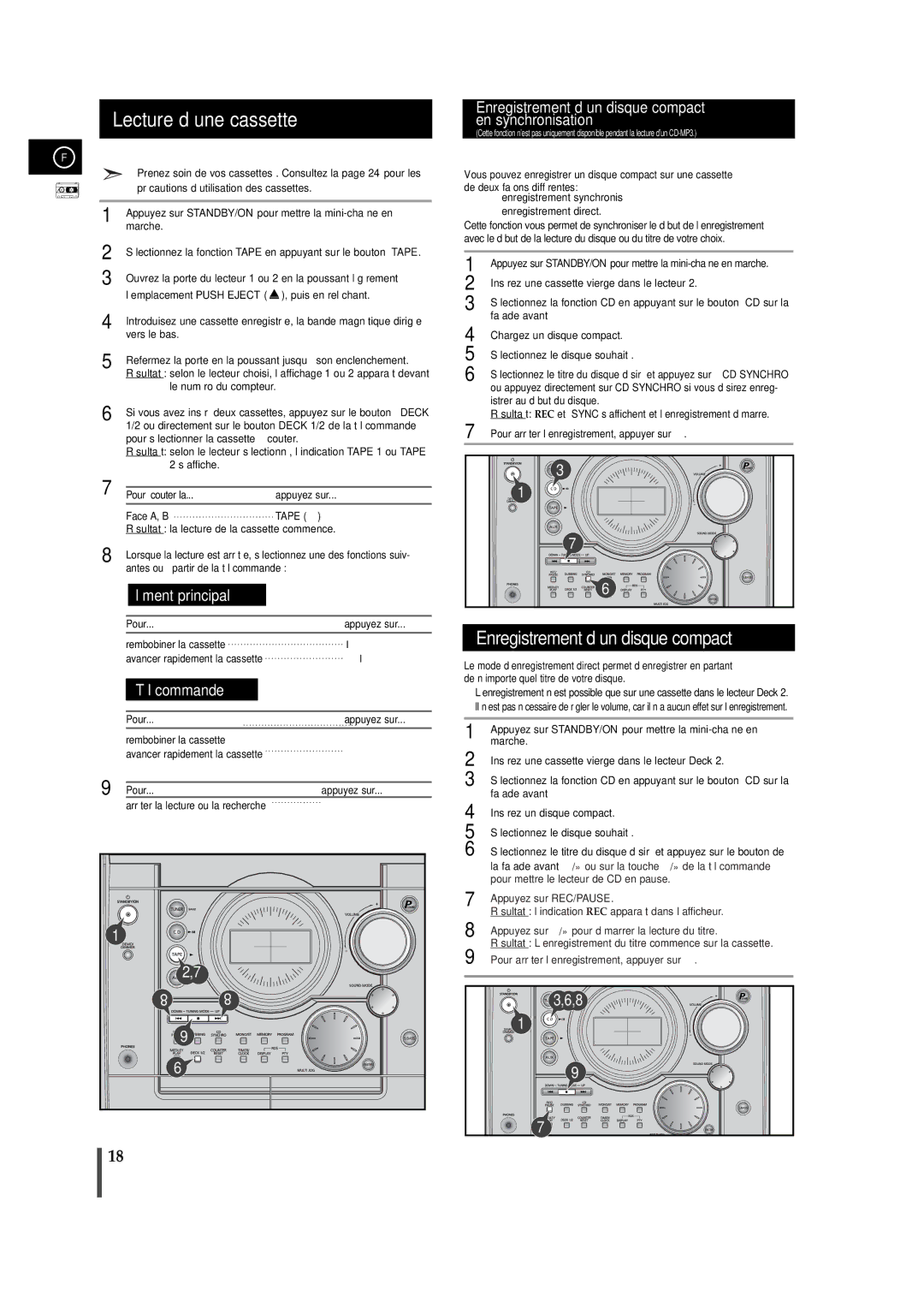 Samsung MAXZJ550RH/ELS manual Lecture d’une cassette, Enregistrement d’un disque compact, Pour écouter la Appuyez sur 