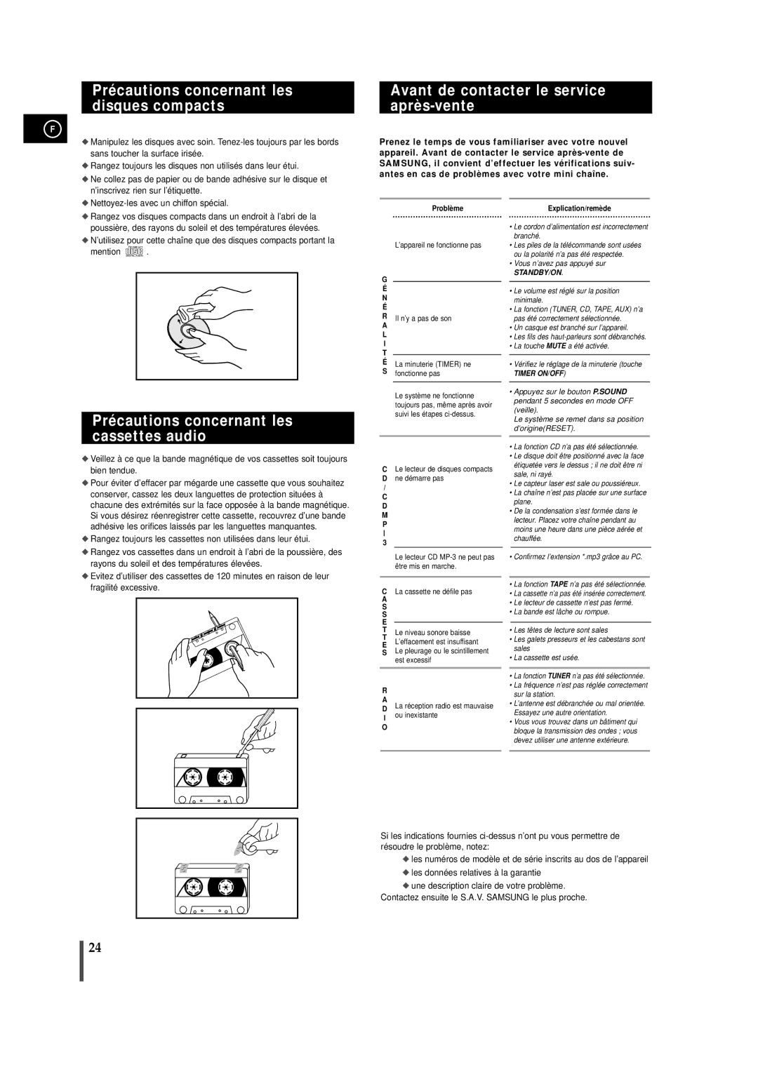 Samsung MAXZJ550RH/ELS manual Précautions concernant les disques compacts, Avant de contacter le service après-vente 