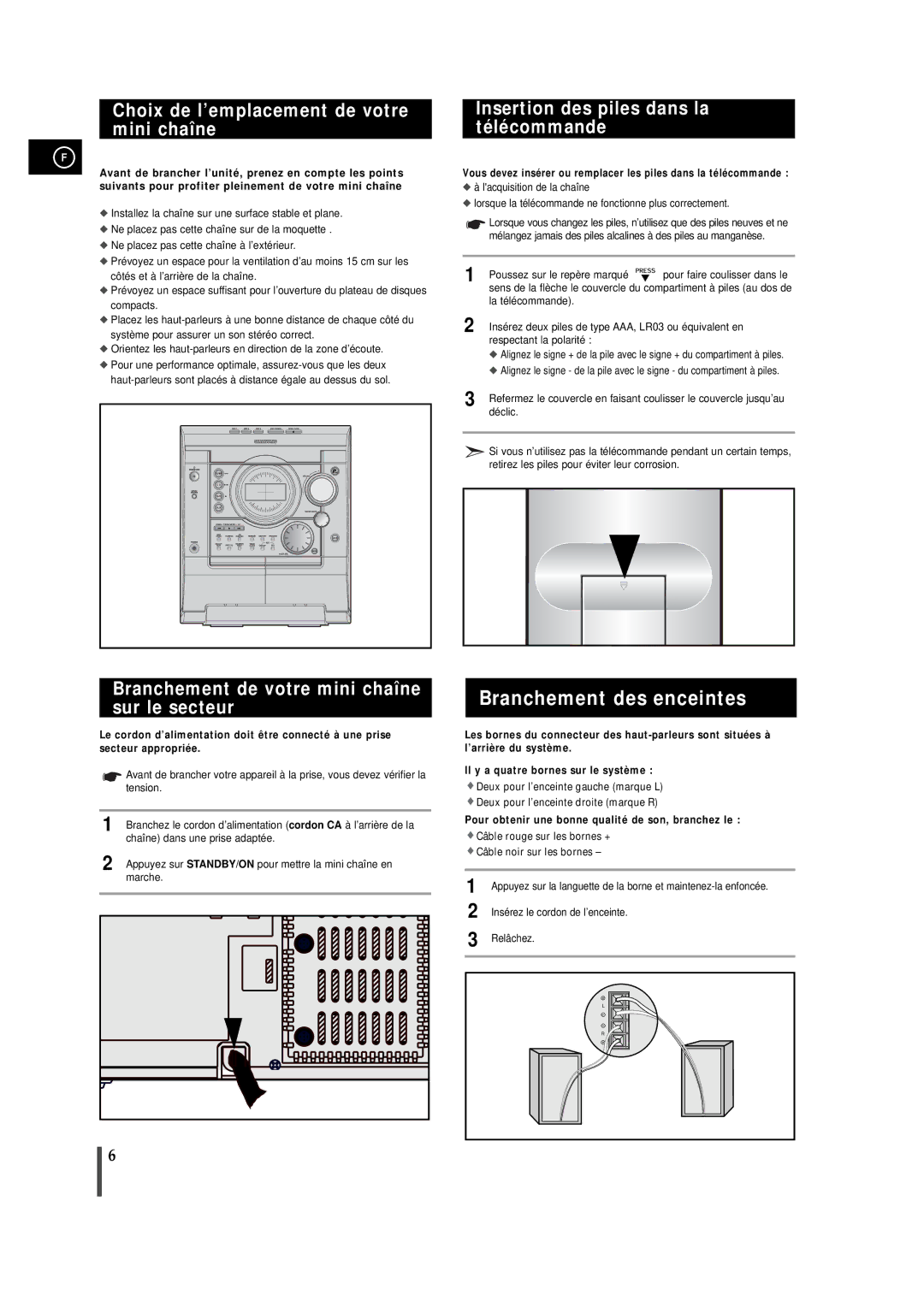 Samsung MAXZJ550RH/ELS manual Branchement des enceintes, Branchement de votre mini chaîne sur le secteur 