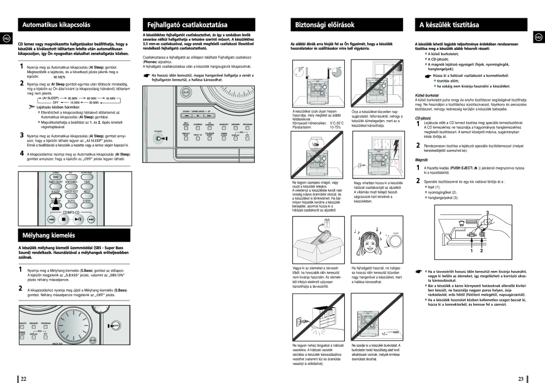 Samsung MAXZJ550RH/ELS manual Automatikus kikapcsolás, Mélyhang kiemelés, Fejhallgatón keresztül, a hallása károsodhat 