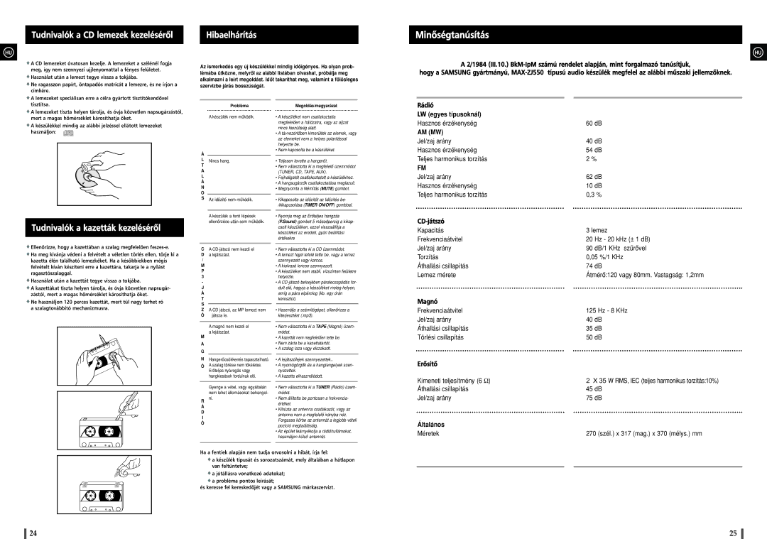 Samsung MAXZJ550RH/ELS manual Minôségtanúsítás, Tudnivalók a CD lemezek kezelésérôl 