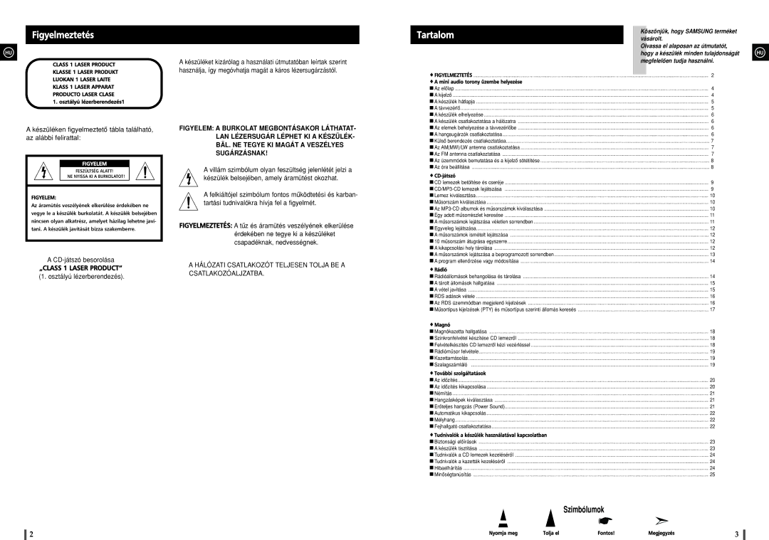 Samsung MAXZJ550RH/ELS Figyelmeztetés, Tartalom, Osztályú lézerberendezés1, Tani. a készülék javítását bízza szakemberre 