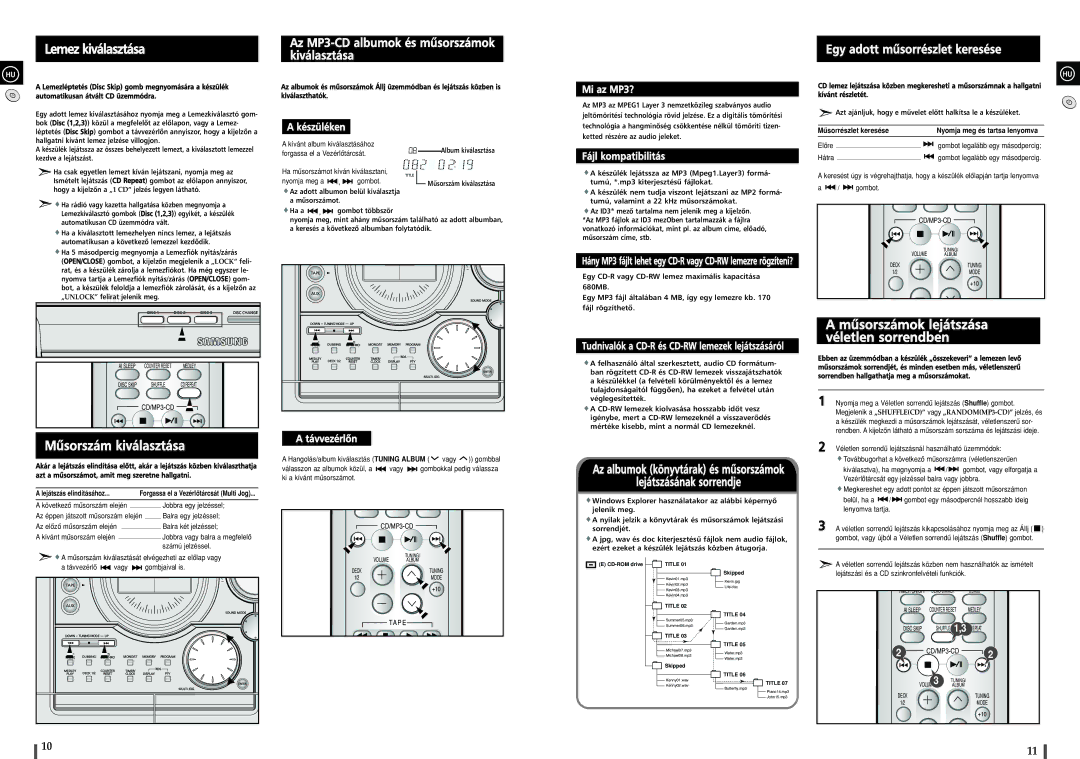 Samsung MAXZJ550RH/ELS manual Lemez kiválasztása, Mûsorszám kiválasztása, Mûsorszámok lejátszása véletlen sorrendben 