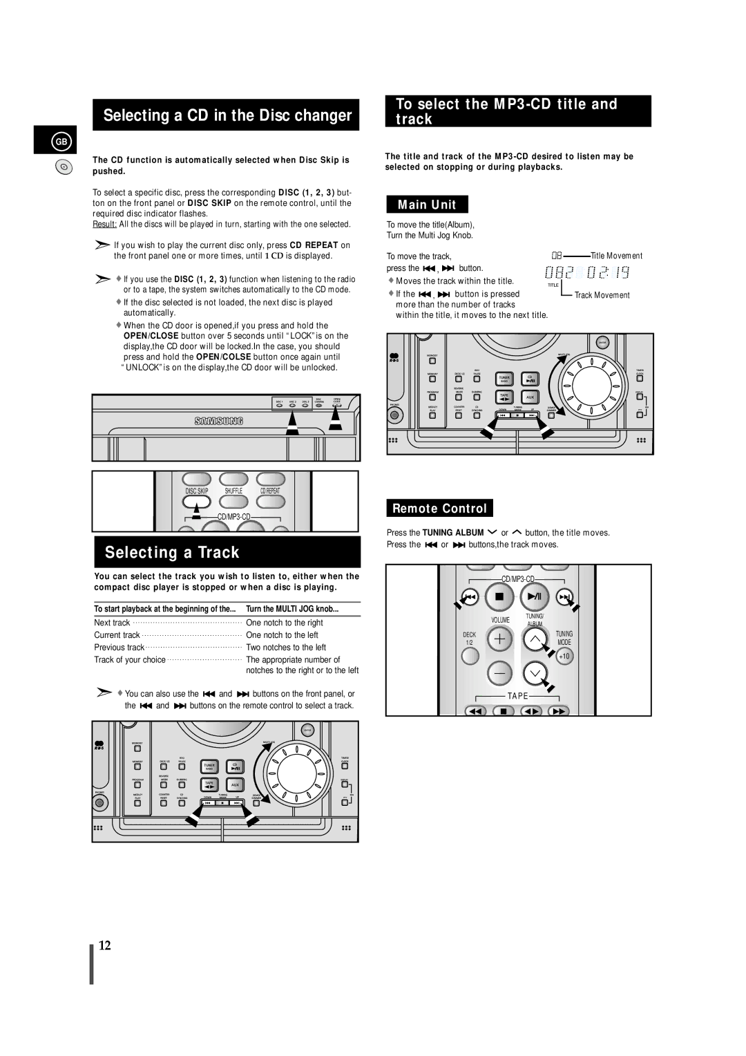 Samsung MAXZJ650RH/EDC manual Selecting a CD in the Disc changer, Selecting a Track, To select the MP3-CD title and track 