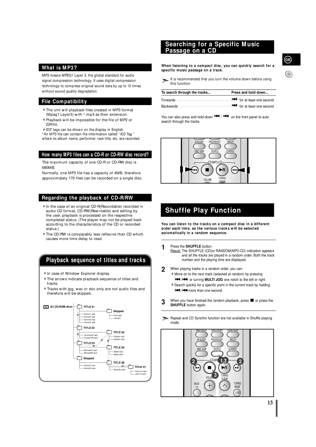 Samsung MAXZJ650RH/ELS, MAXZJ650RH/EDC manual Shuffle Play Function, Searching for a Specific Music Passage on a CD 