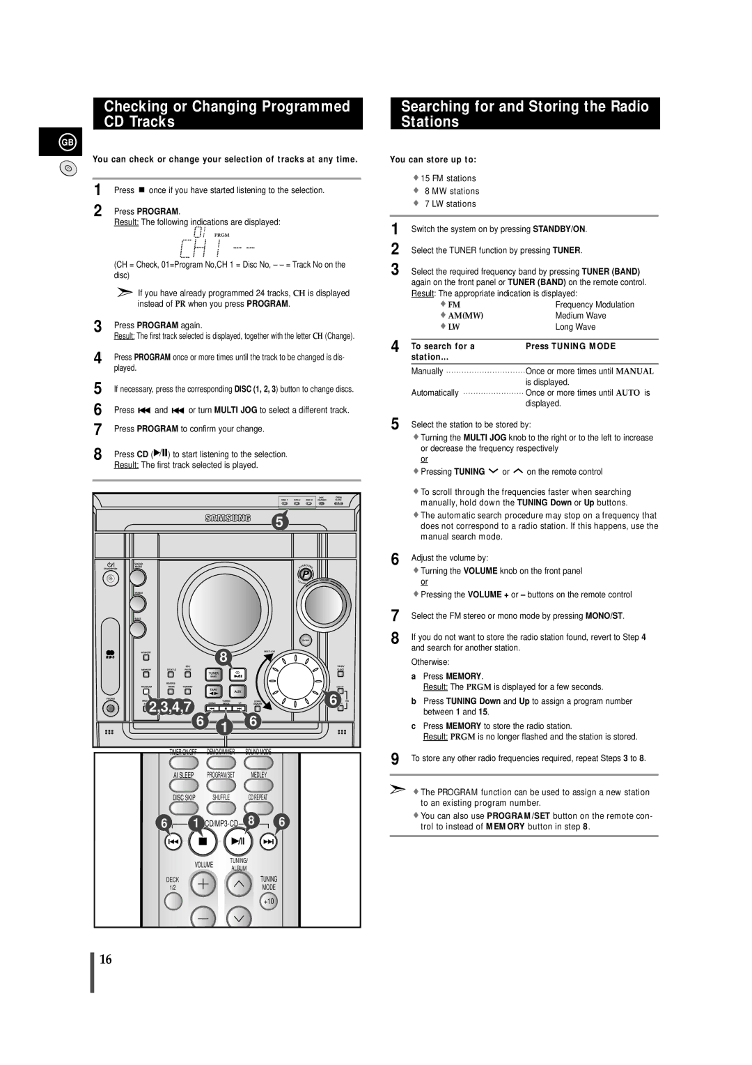 Samsung MAXZJ650RH/EDC manual Checking or Changing Programmed CD Tracks, Searching for and Storing the Radio Stations 