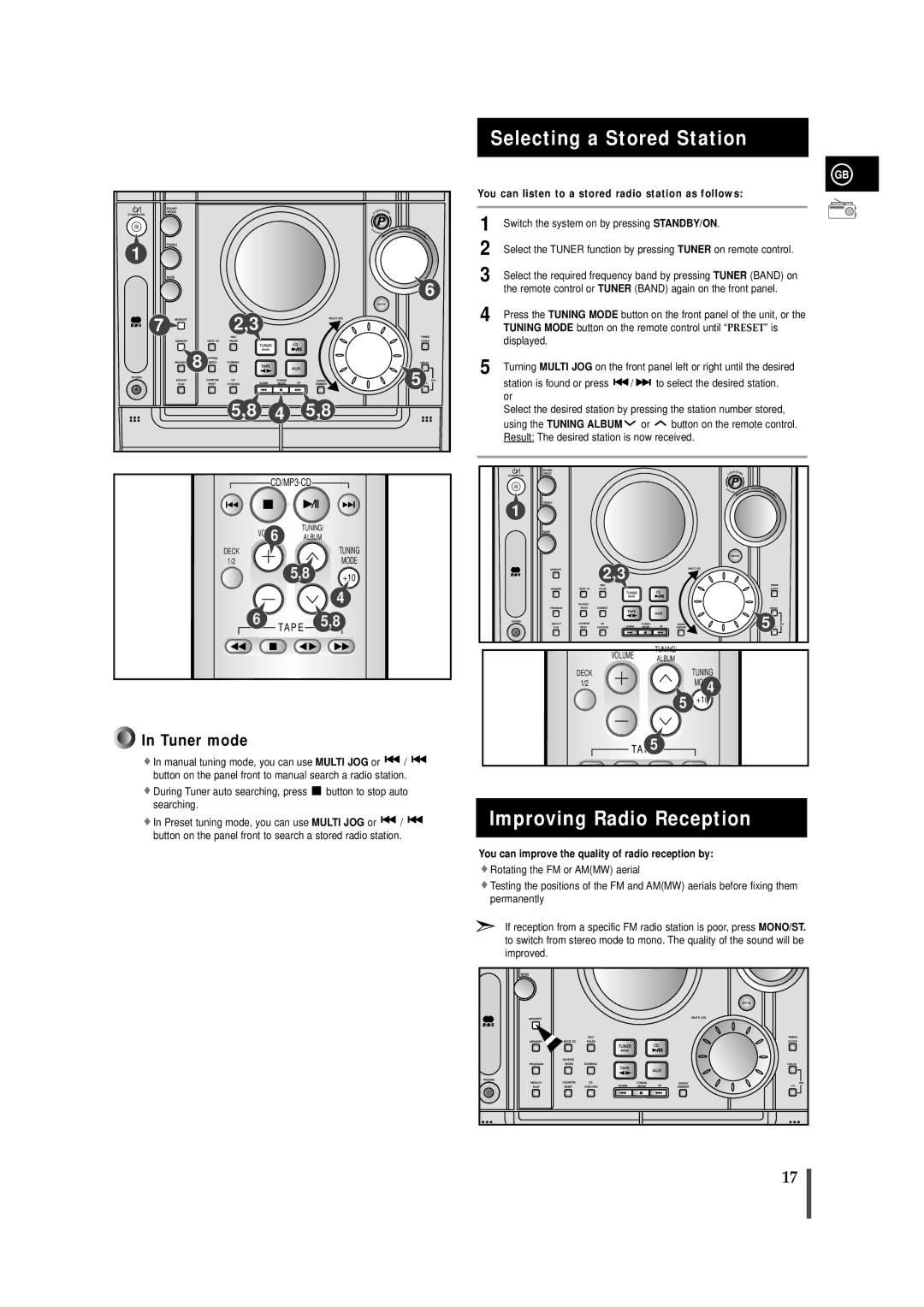 Samsung MAXZJ650RH/ELS, MAXZJ650RH/EDC manual Selecting a Stored Station, Improving Radio Reception 