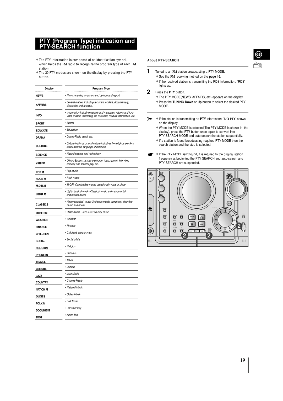 Samsung MAXZJ650RH/ELS, MAXZJ650RH/EDC manual PTY Program Type indication and PTY-SEARCH function, About PTY-SEARCH 