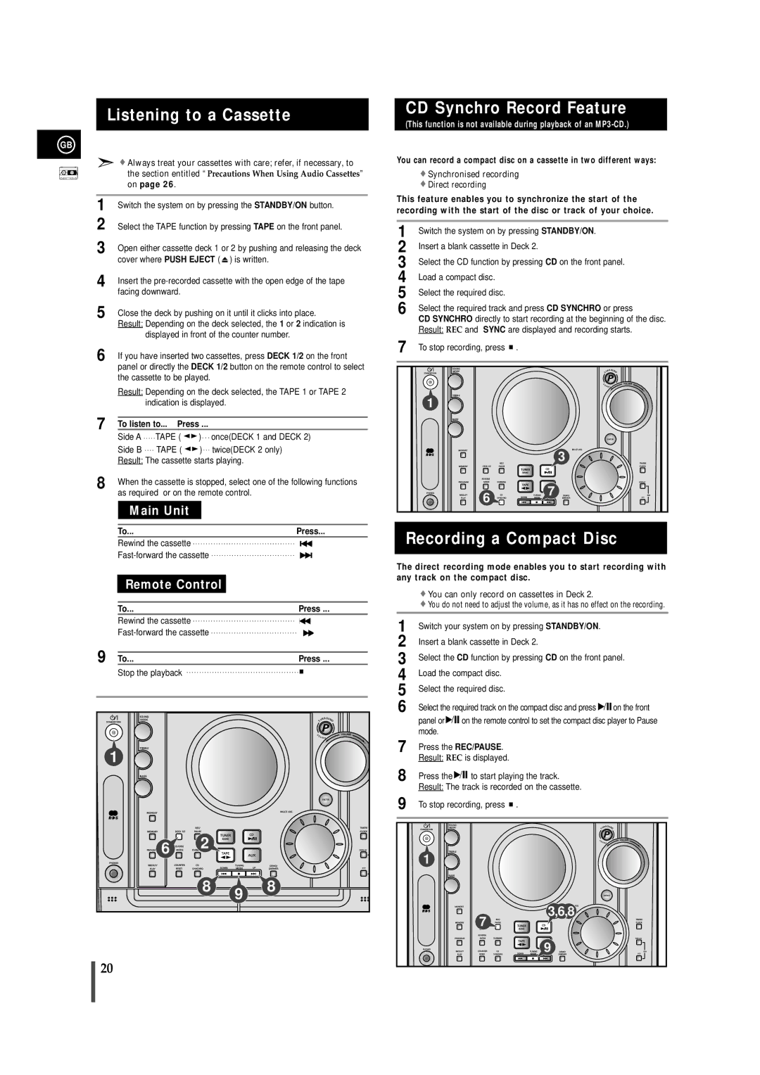 Samsung MAXZJ650RH/EDC, MAXZJ650RH/ELS manual Listening to a Cassette, CD Synchro Record Feature, Recording a Compact Disc 