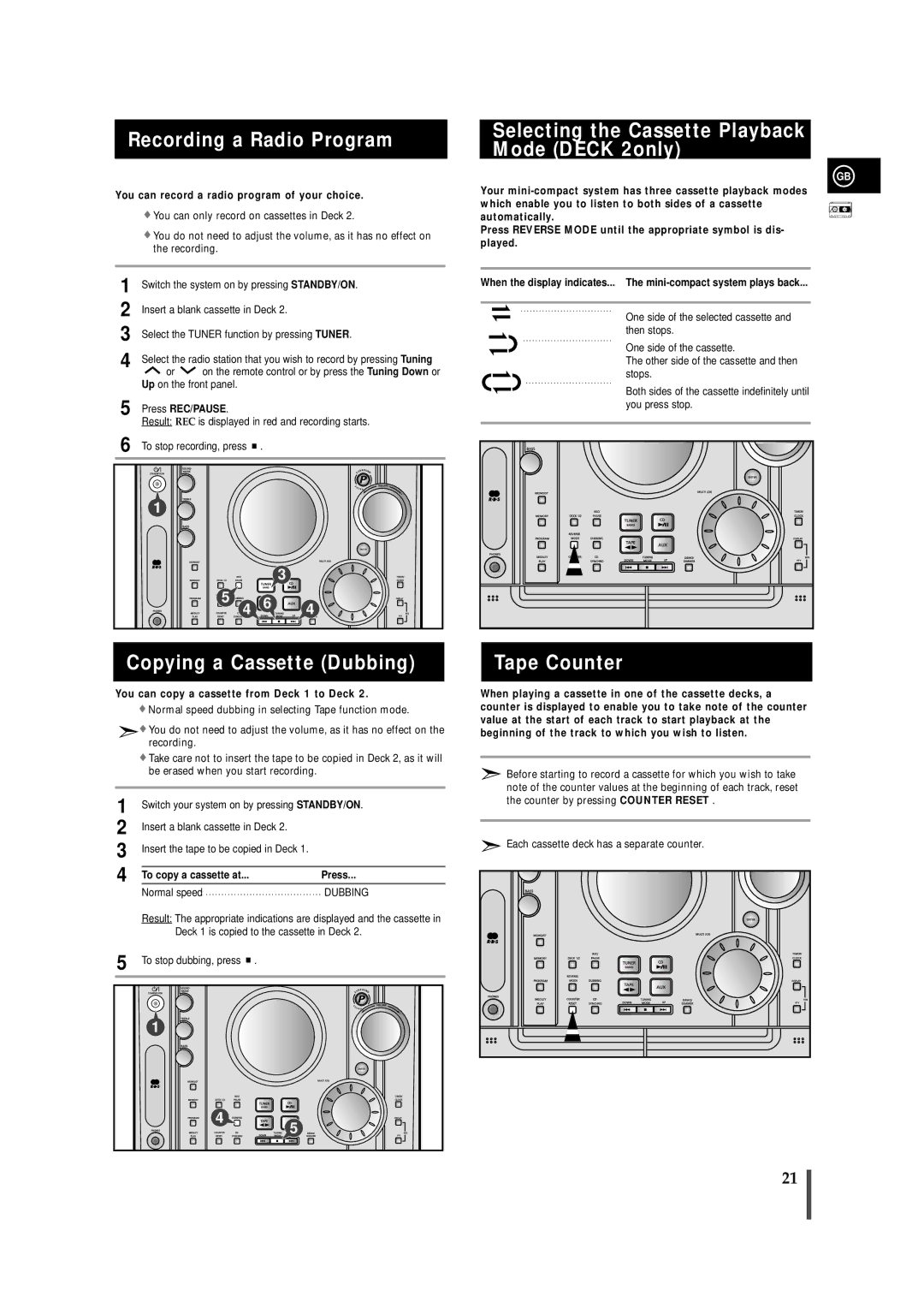 Samsung MAXZJ650RH/ELS manual Recording a Radio Program, Selecting the Cassette Playback Mode Deck 2only, Tape Counter 