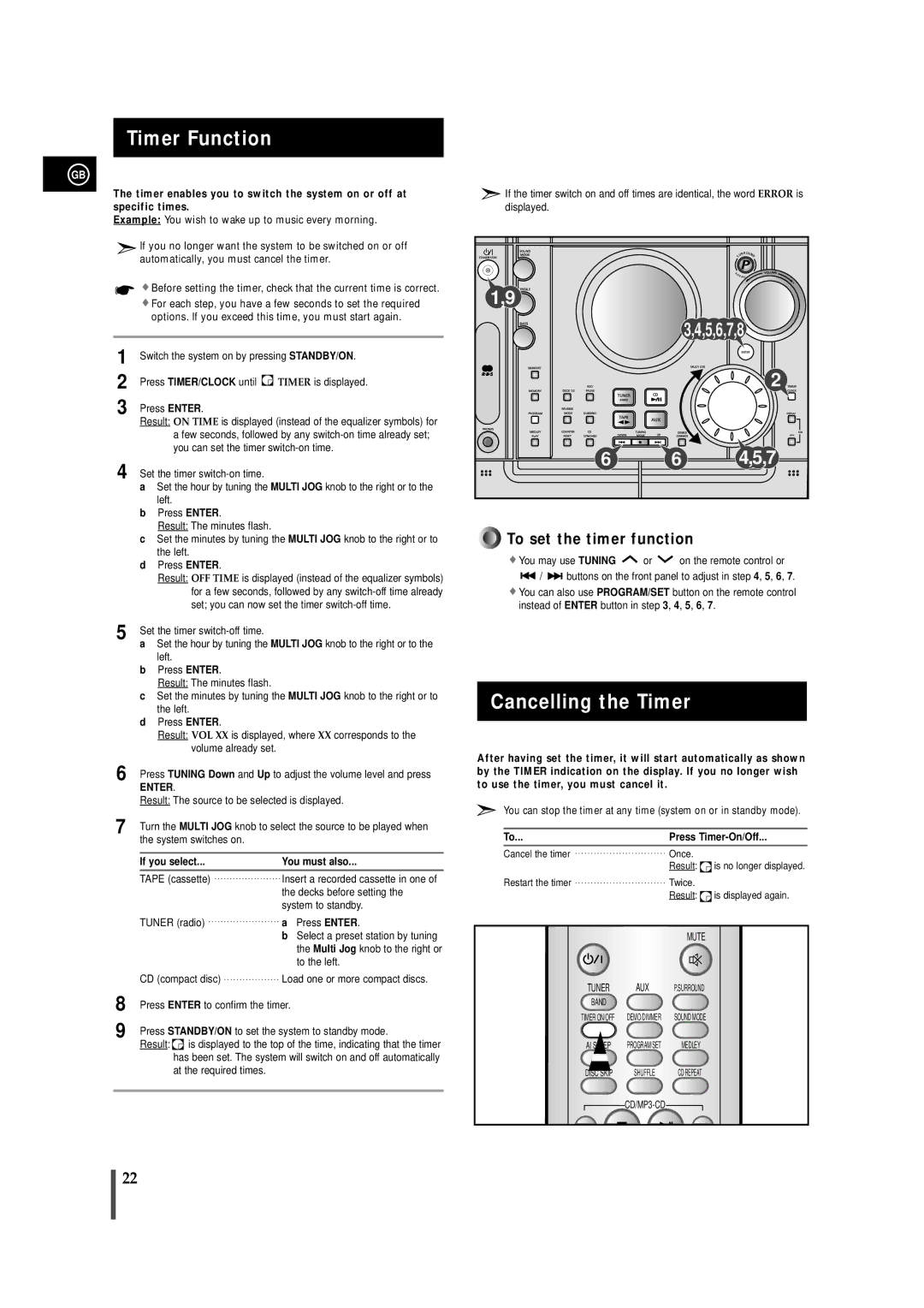 Samsung MAXZJ650RH/EDC Timer Function, Cancelling the Timer, If you select You must also, Press Enter, Press Timer-On/Off 