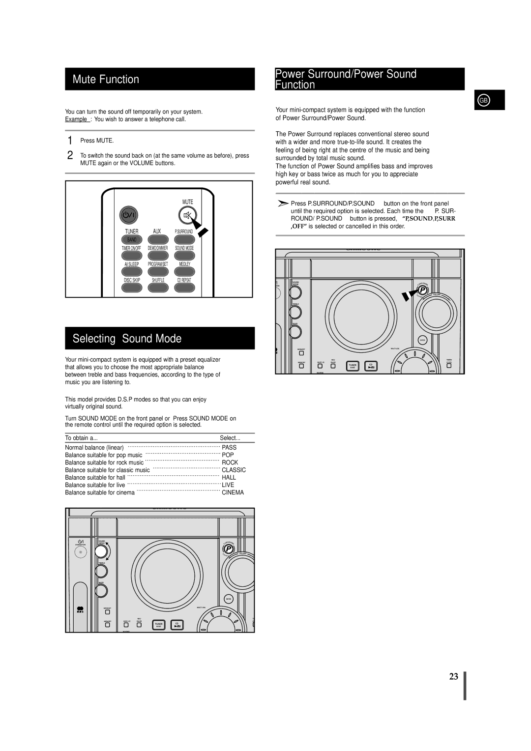 Samsung MAXZJ650RH/ELS manual Mute Function, Selecting Sound Mode, Power Surround/Power Sound Function, To obtain a Select 