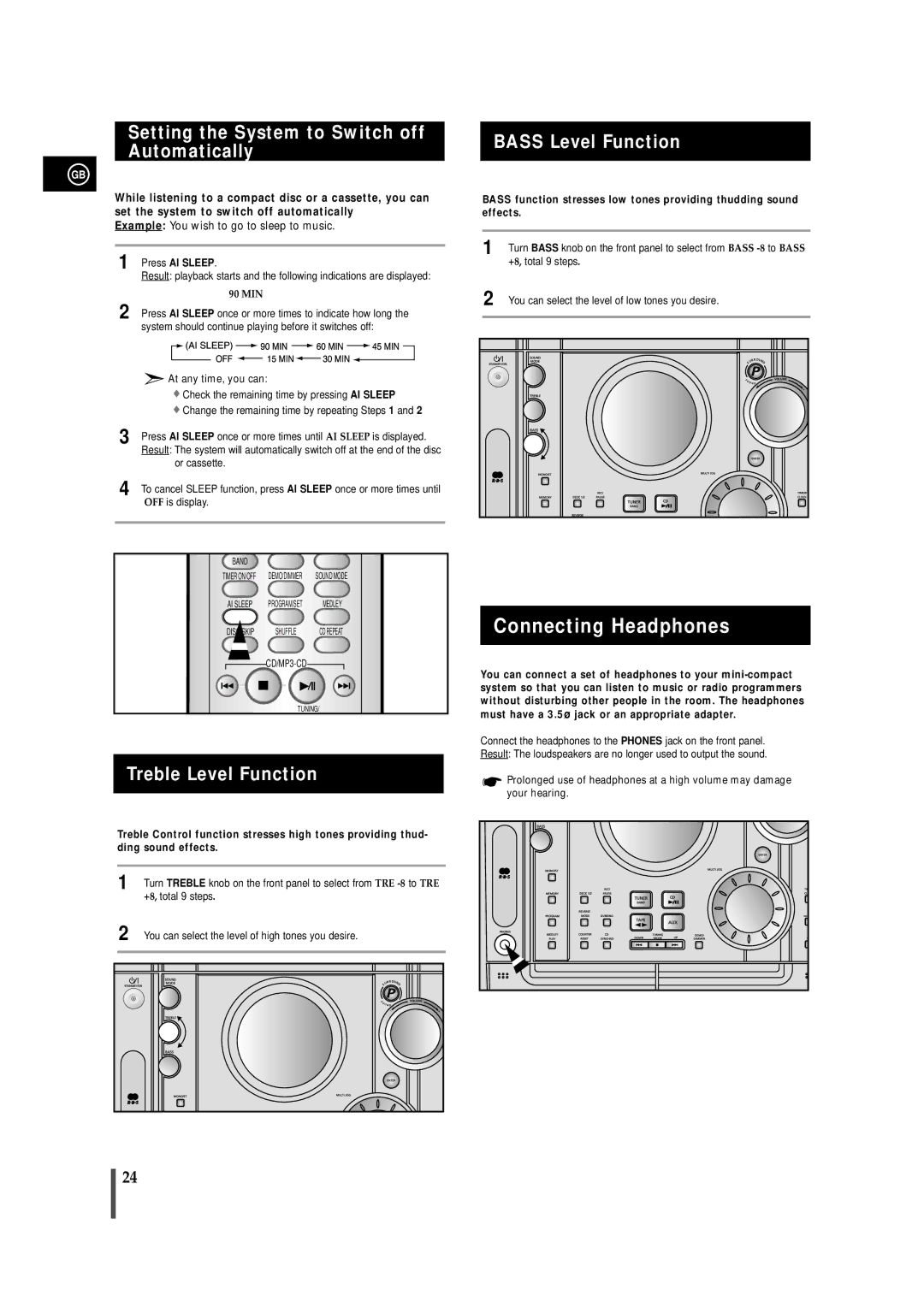 Samsung MAXZJ650RH/EDC manual Connecting Headphones, Setting the System to Switch off Automatically, Bass Level Function 