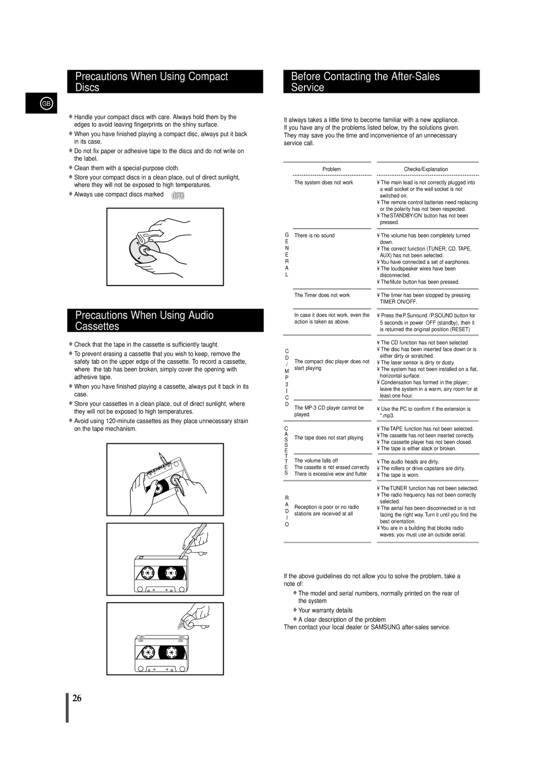 Samsung MAXZJ650RH/EDC, MAXZJ650RH/ELS Precautions When Using Compact Discs, Before Contacting the After-Sales Service 