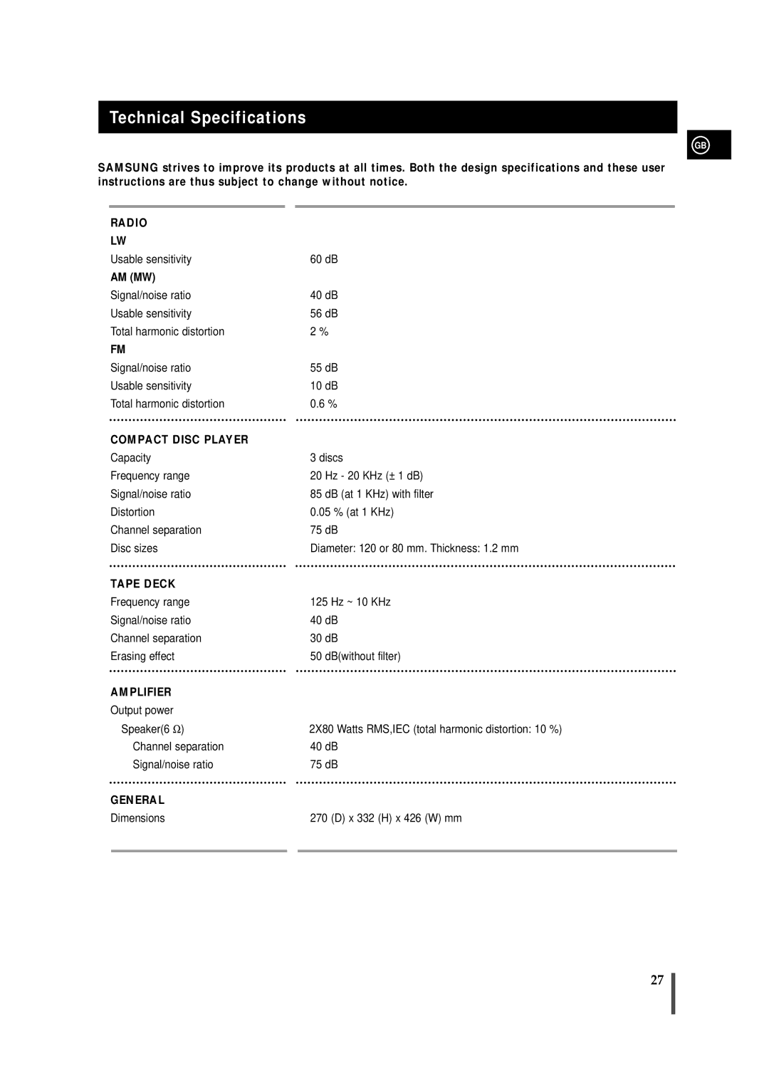 Samsung MAXZJ650RH/ELS, MAXZJ650RH/EDC manual Technical Specifications, Compact Disc Player 