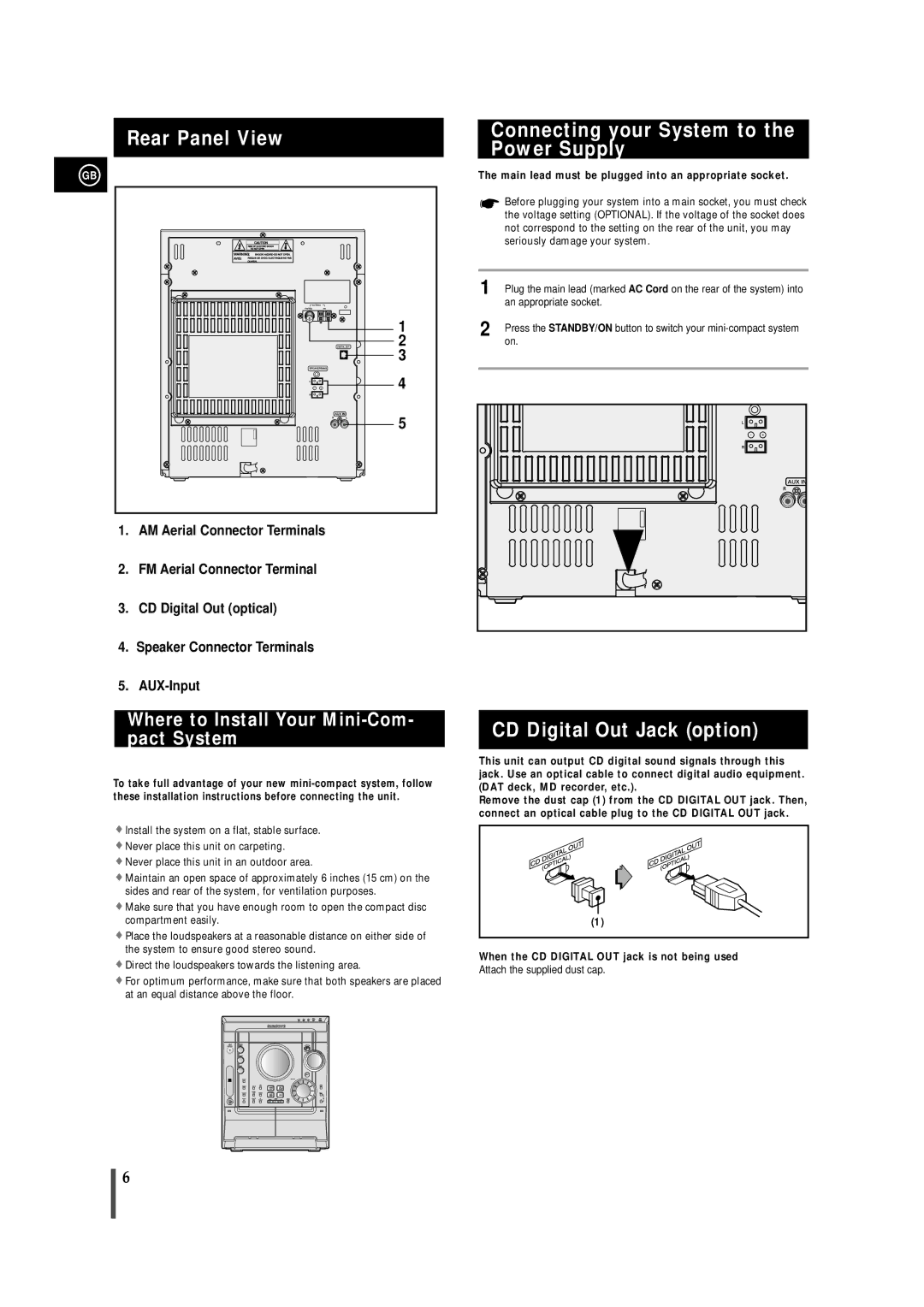 Samsung MAXZJ650RH/EDC manual Rear Panel View, Connecting your System to the Power Supply, CD Digital Out Jack option 