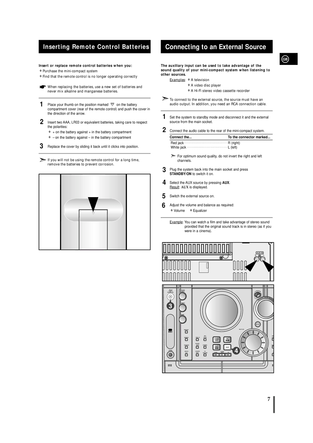 Samsung MAXZJ650RH/ELS, MAXZJ650RH/EDC manual Connecting to an External Source, Inserting Remote Control Batteries 