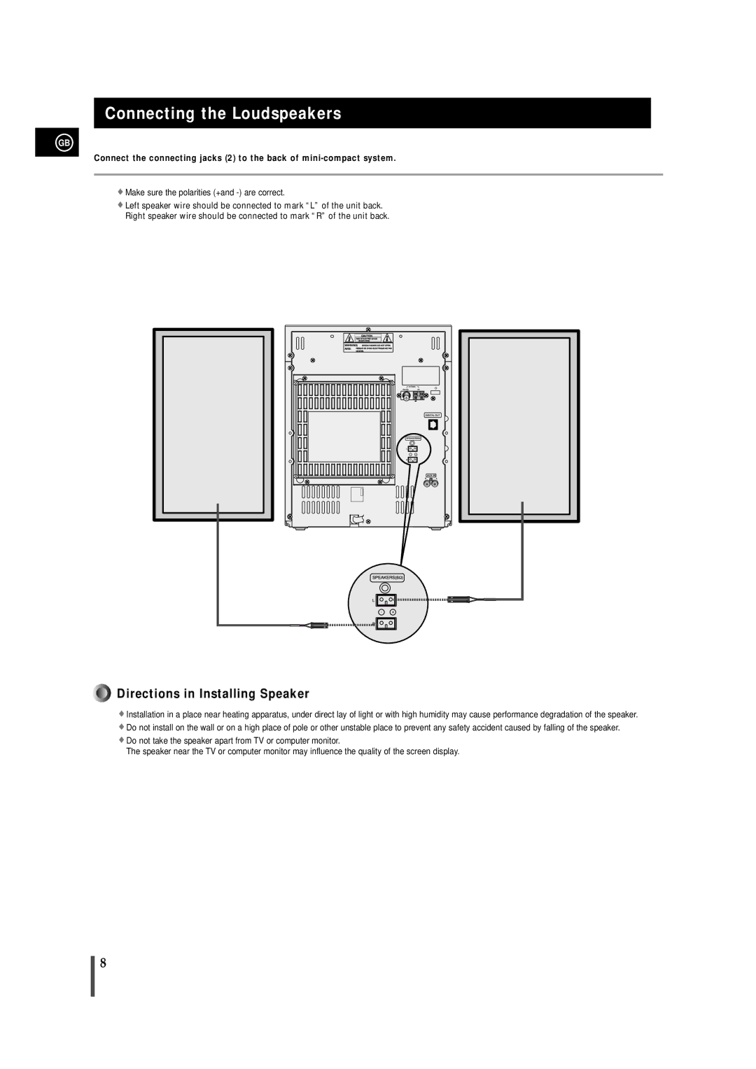 Samsung MAXZJ650RH/EDC, MAXZJ650RH/ELS manual Connecting the Loudspeakers, Directions in Installing Speaker 