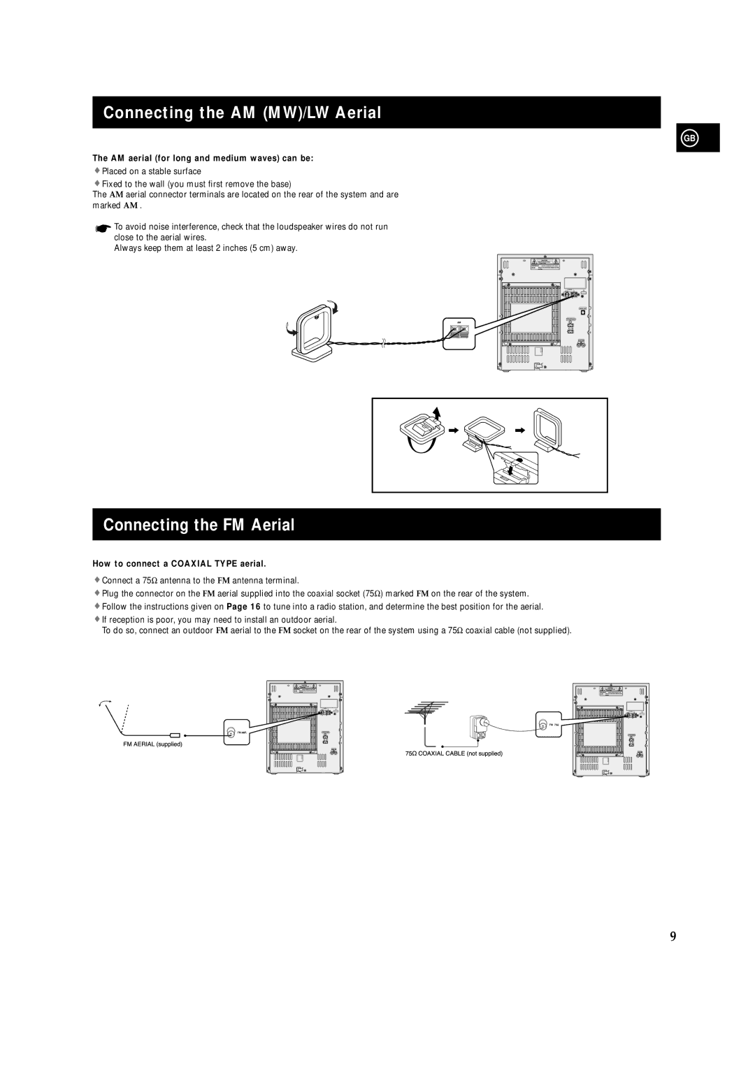 Samsung MAXZJ650RH/ELS Connecting the AM MW/LW Aerial, Connecting the FM Aerial, How to connect a Coaxial Type aerial 