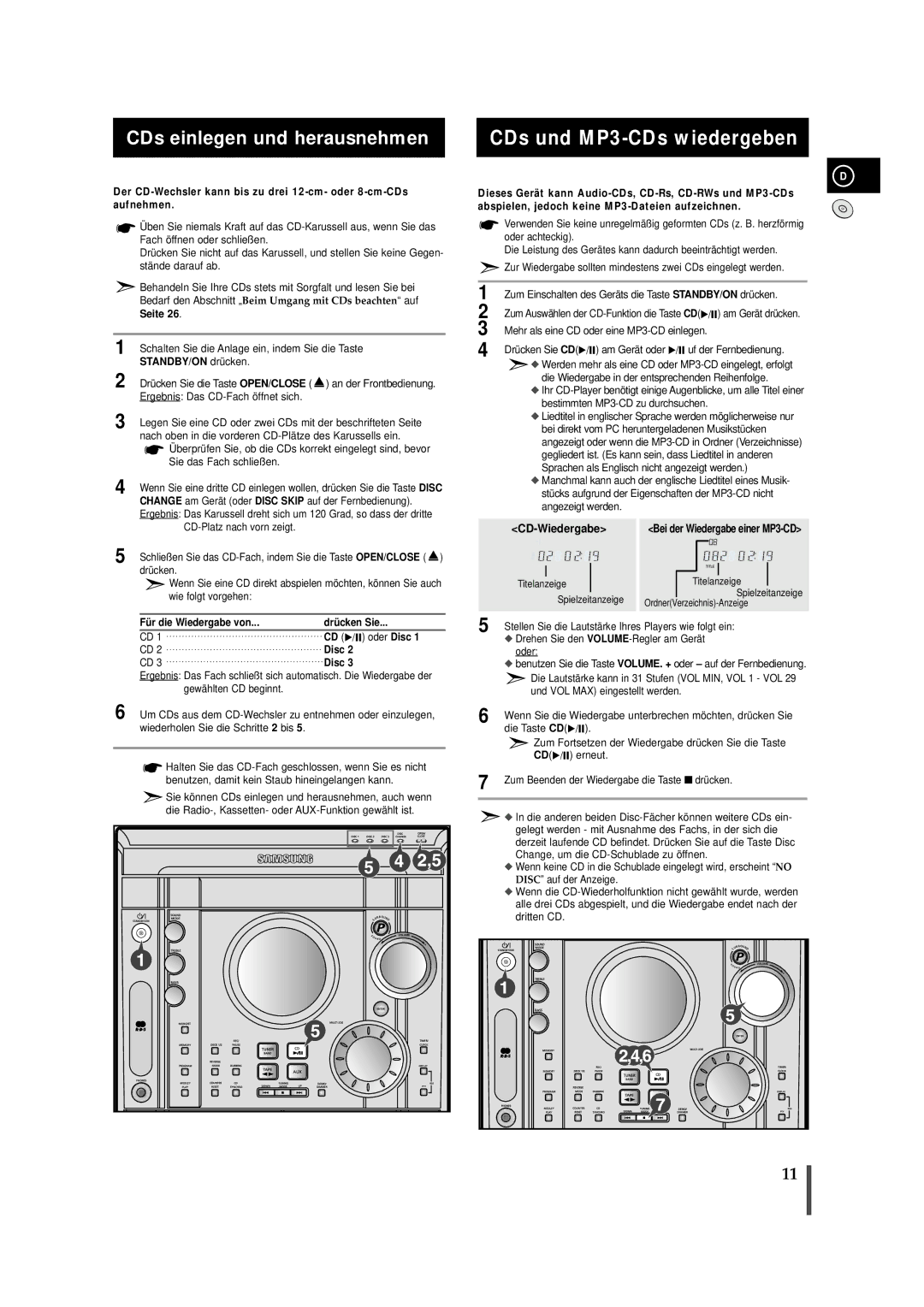 Samsung MAXZJ650RH/ELS manual CDs und MP3-CDs wiedergeben, CDs einlegen und herausnehmen, Ergebnis Das CD-Fach öffnet sich 