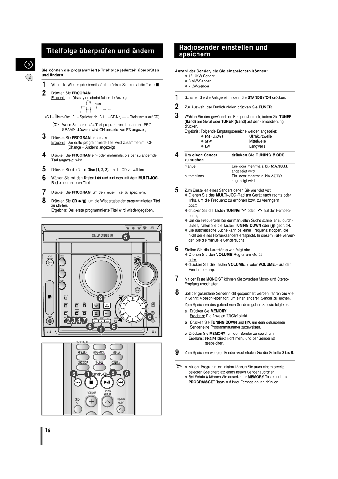 Samsung MAXZJ650RH/EDC, MAXZJ650RH/ELS manual Titelfolge überprüfen und ändern, Radiosender einstellen und speichern 