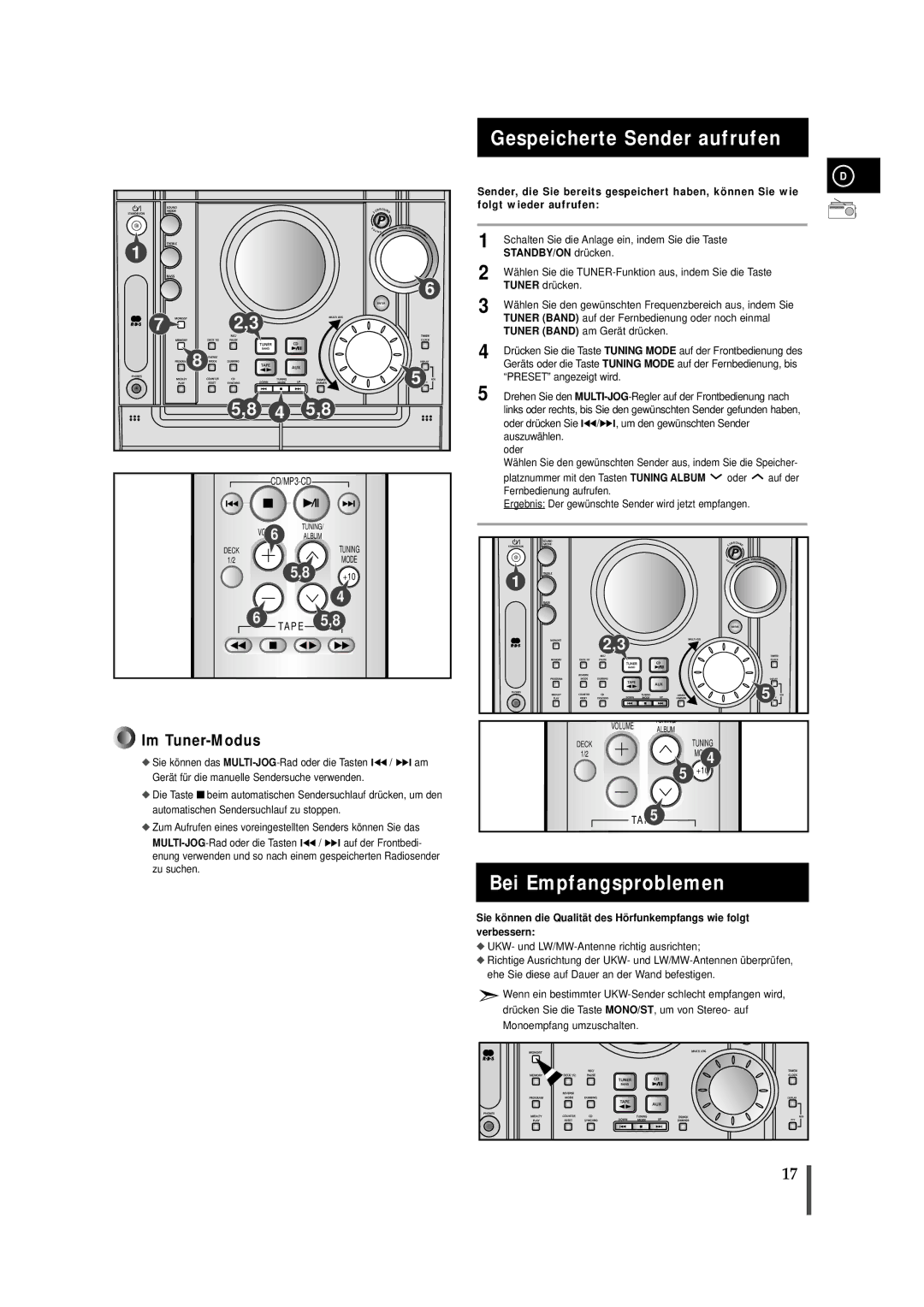 Samsung MAXZJ650RH/ELS, MAXZJ650RH/EDC manual Gespeicherte Sender aufrufen, Bei Empfangsproblemen 