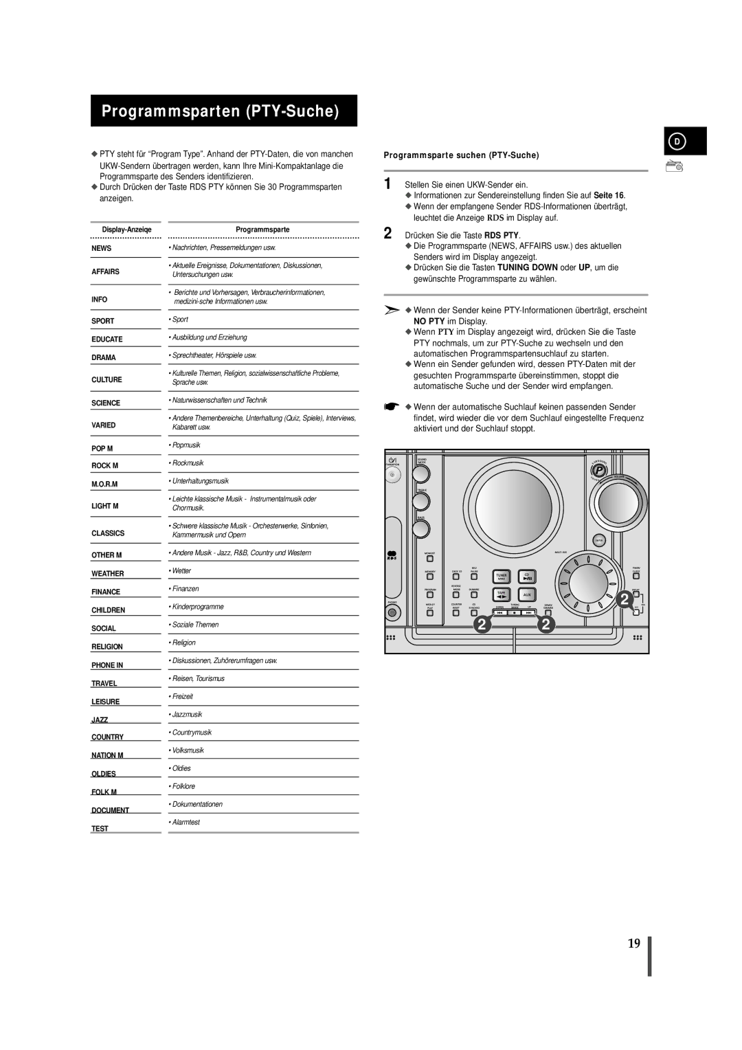 Samsung MAXZJ650RH/ELS, MAXZJ650RH/EDC manual Programmsparten PTY-Suche, Programmsparte suchen PTY-Suche 