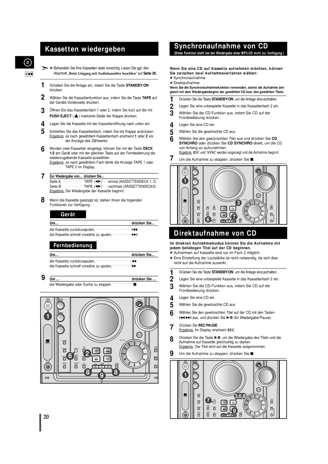 Samsung MAXZJ650RH/EDC, MAXZJ650RH/ELS manual Kassetten wiedergeben, Synchronaufnahme von CD, Direktaufnahme von CD 