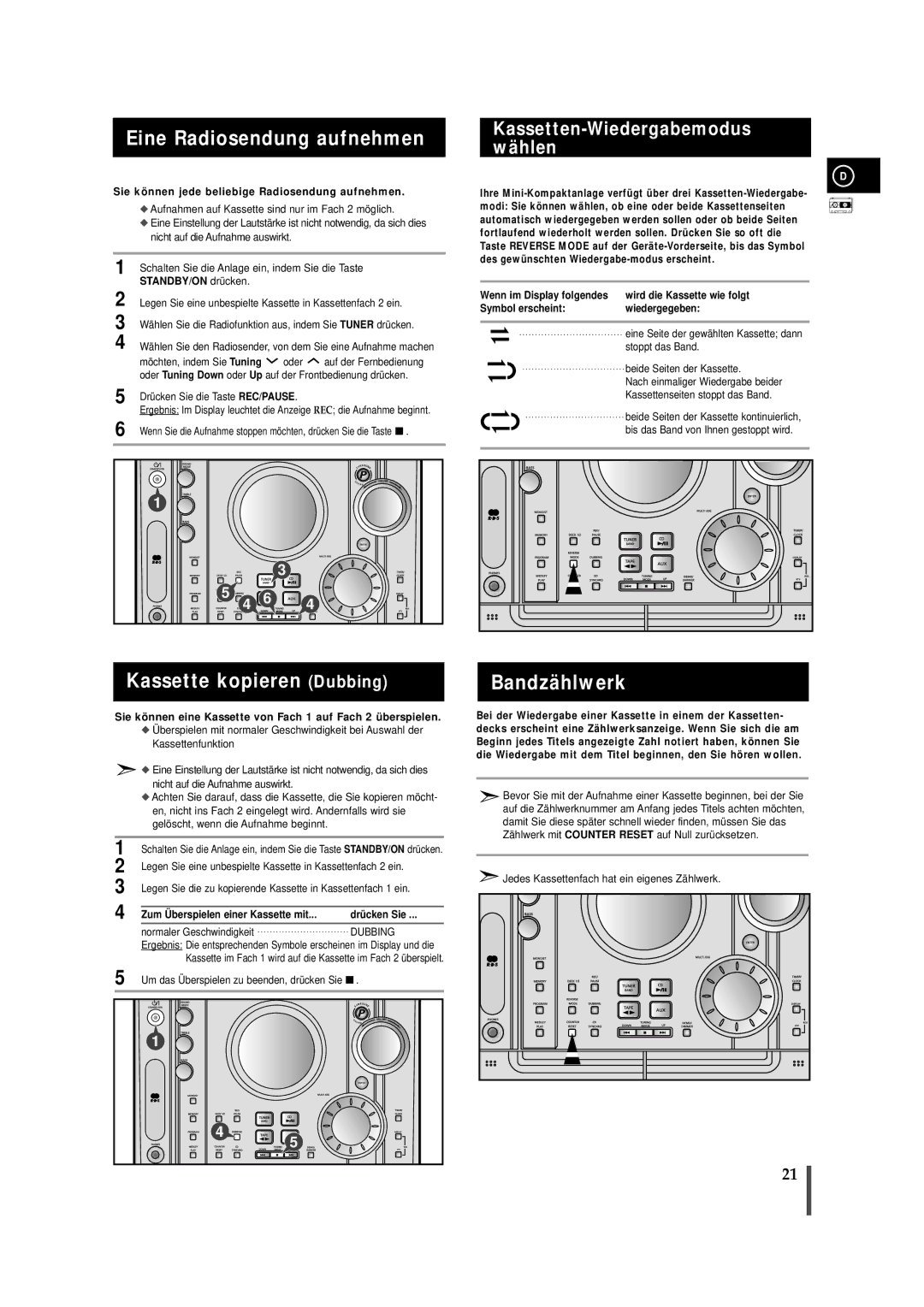 Samsung MAXZJ650RH/ELS, MAXZJ650RH/EDC manual Eine Radiosendung aufnehmen, Kassette kopieren Dubbing, Bandzählwerk 