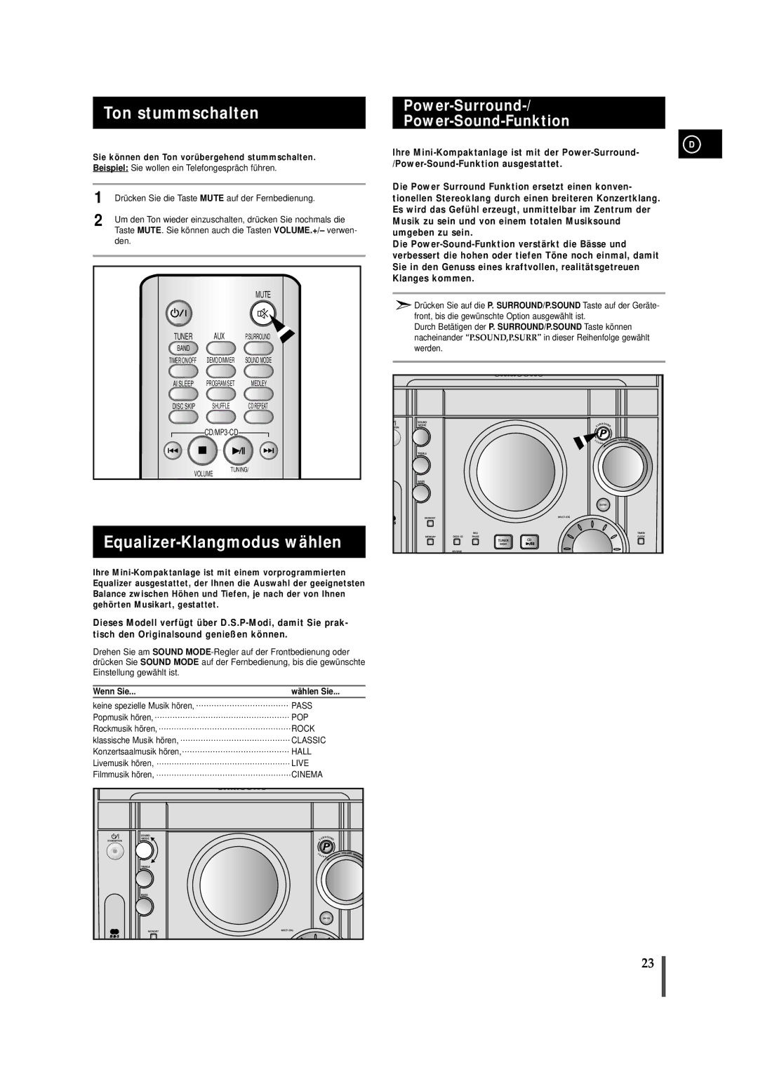 Samsung MAXZJ650RH/ELS, MAXZJ650RH/EDC Ton stummschalten, Equalizer-Klangmodus wählen, Power-Surround Power-Sound-Funktion 