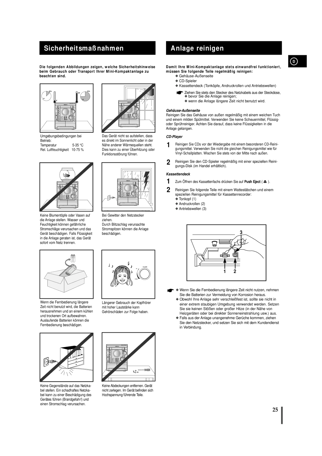 Samsung MAXZJ650RH/ELS, MAXZJ650RH/EDC manual Sicherheitsmaßnahmen, Anlage reinigen, Gungs-Disk im Handel erhältlich 