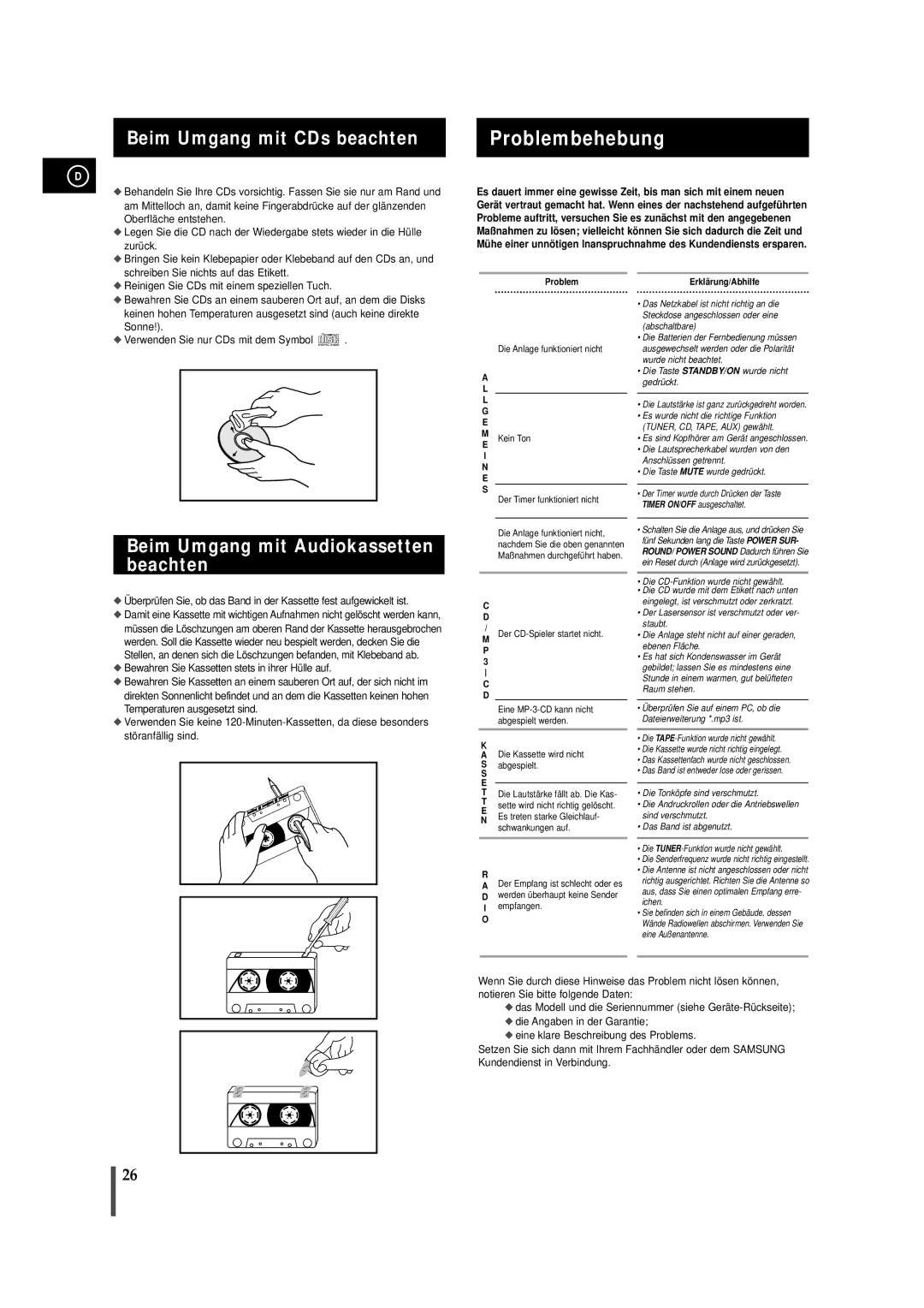 Samsung MAXZJ650RH/EDC manual Problembehebung, Beim Umgang mit CDs beachten, Beim Umgang mit Audiokassetten beachten 