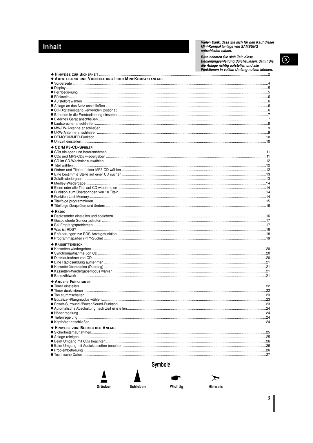 Samsung MAXZJ650RH/ELS, MAXZJ650RH/EDC manual Inhalt, Drücken Schieben Wichtig 