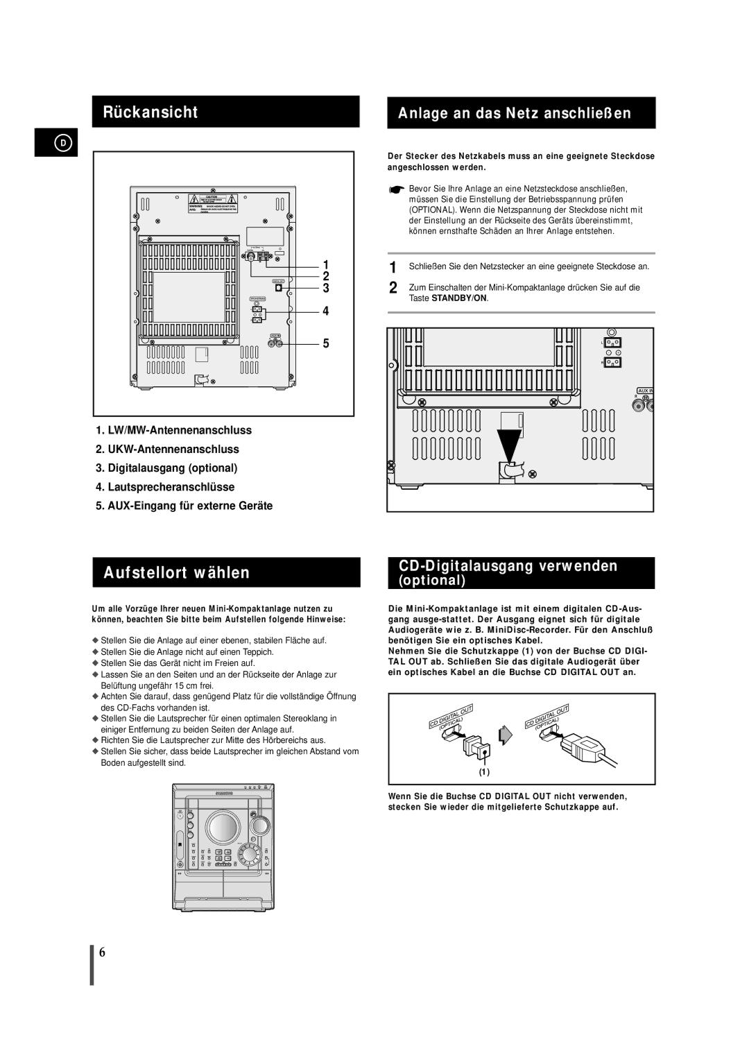 Samsung MAXZJ650RH/EDC manual Rückansicht, Aufstellort wählen, Anlage an das Netz anschließen, CD-Digitalausgang verwenden 