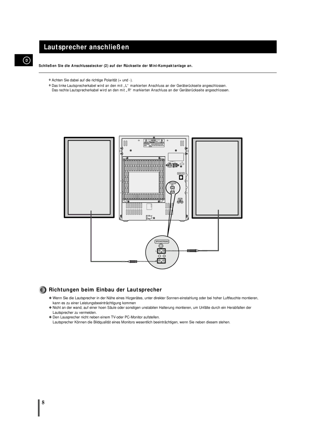 Samsung MAXZJ650RH/EDC, MAXZJ650RH/ELS manual Lautsprecher anschließen, Achten Sie dabei auf die richtige Polarität + und 