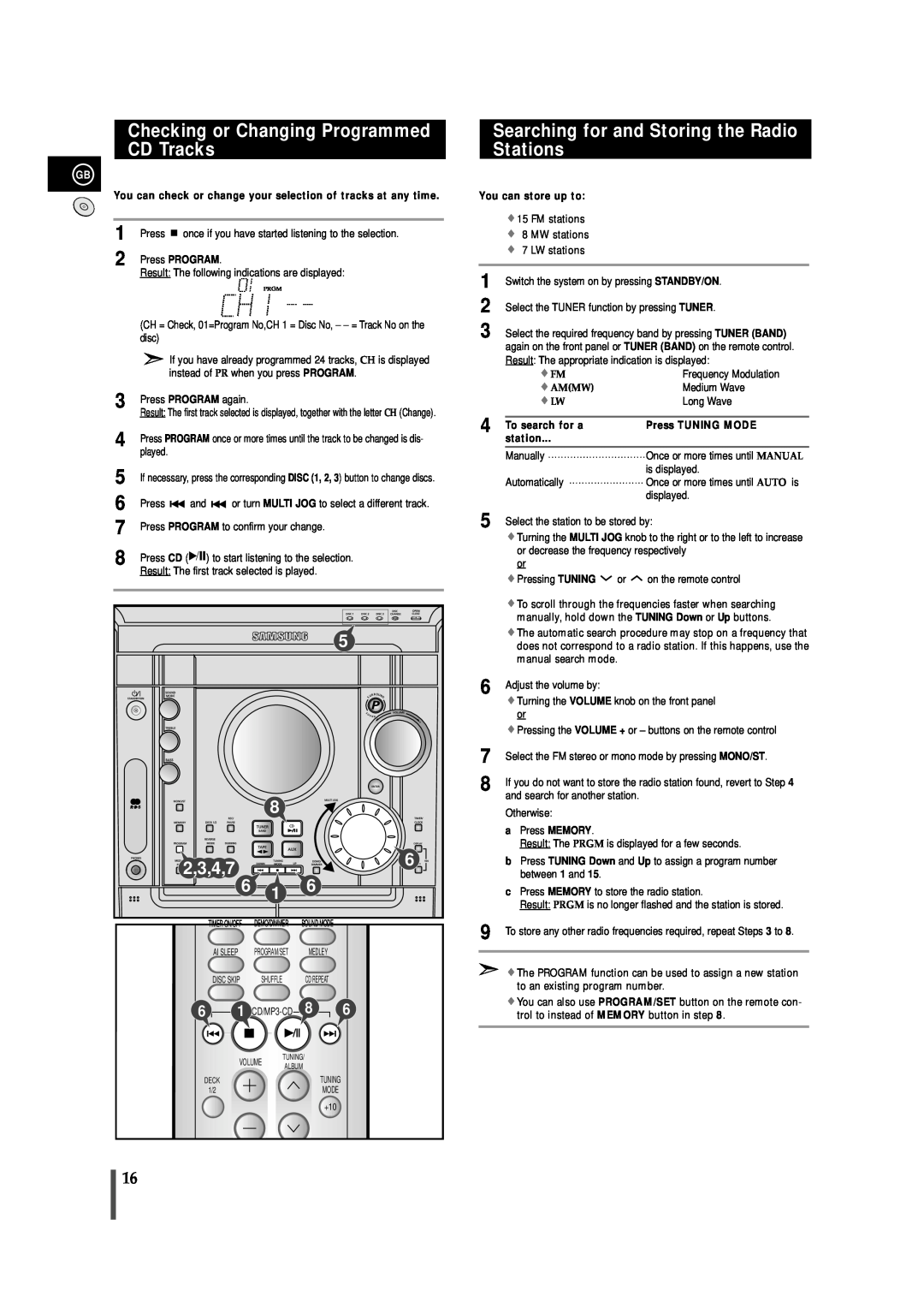 Samsung MAXZJ650RH/EDC Checking or Changing Programmed CD Tracks, Searching for and Storing the Radio Stations, 2,3,4,7 