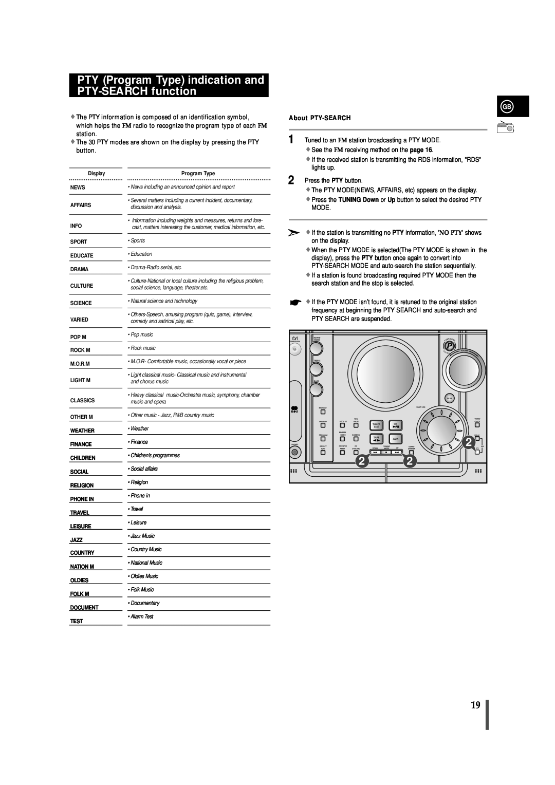 Samsung MAXZJ650RH/ELS, MAXZJ650RH/EDC manual PTY Program Type indication and PTY-SEARCH function, About PTY-SEARCH 