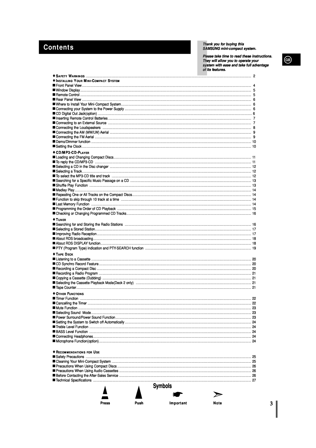 Samsung MAXZJ650RH/ELS manual Contents, Symbols, Thank you for buying this, SAMSUNG mini-compact system, of its features 