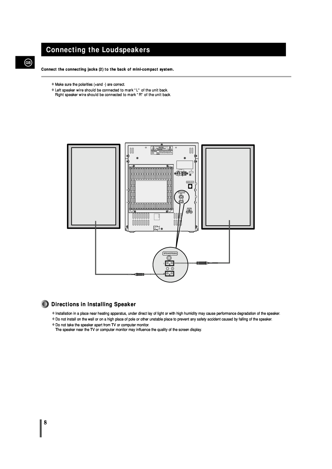 Samsung MAXZJ650RH/EDC, MAXZJ650RH/ELS manual Connecting the Loudspeakers, Directions in Installing Speaker 