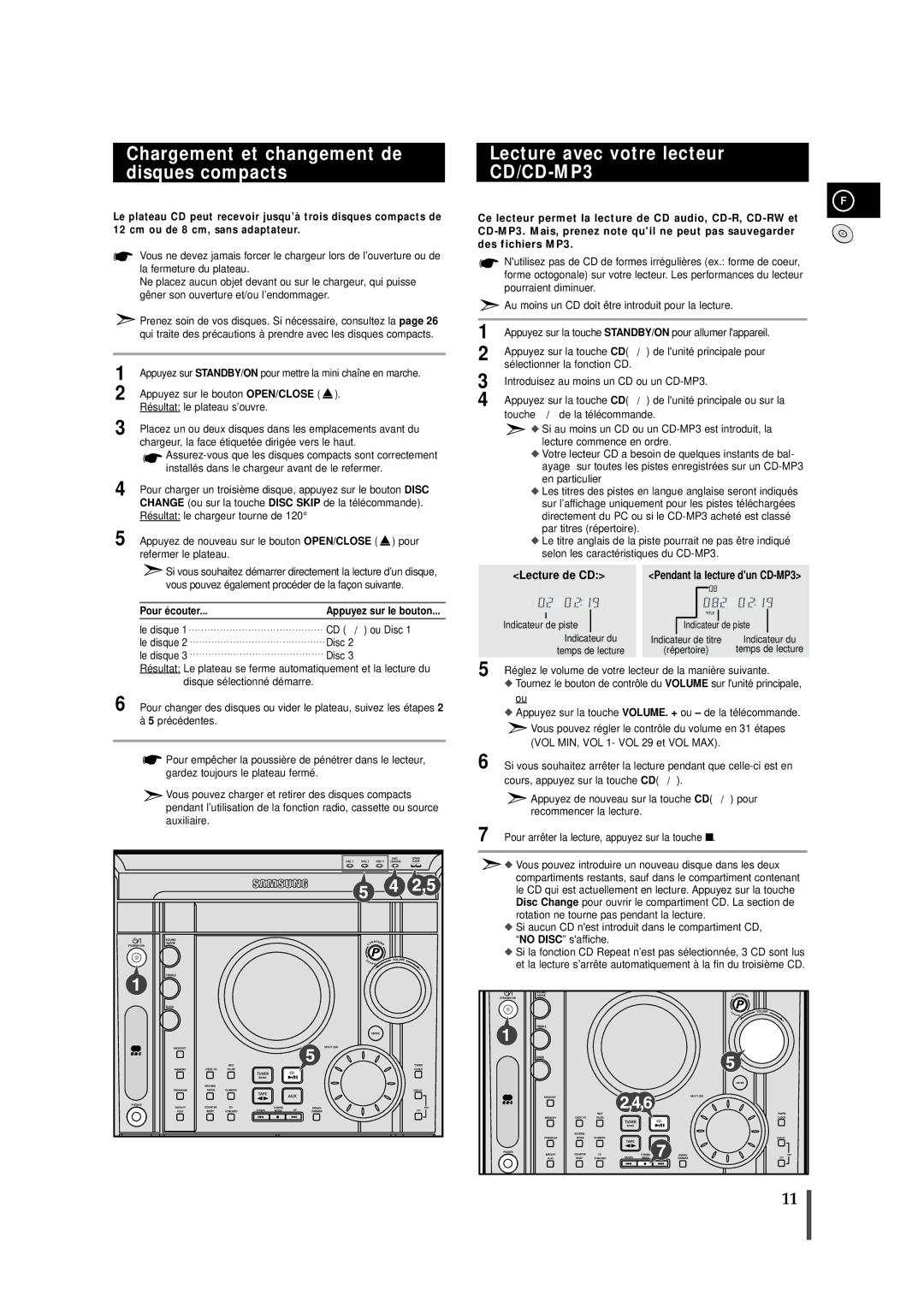 Samsung MAXZJ650RH/ELS manual Chargement et changement de disques compacts, Lecture avec votre lecteur, Pour écouter 