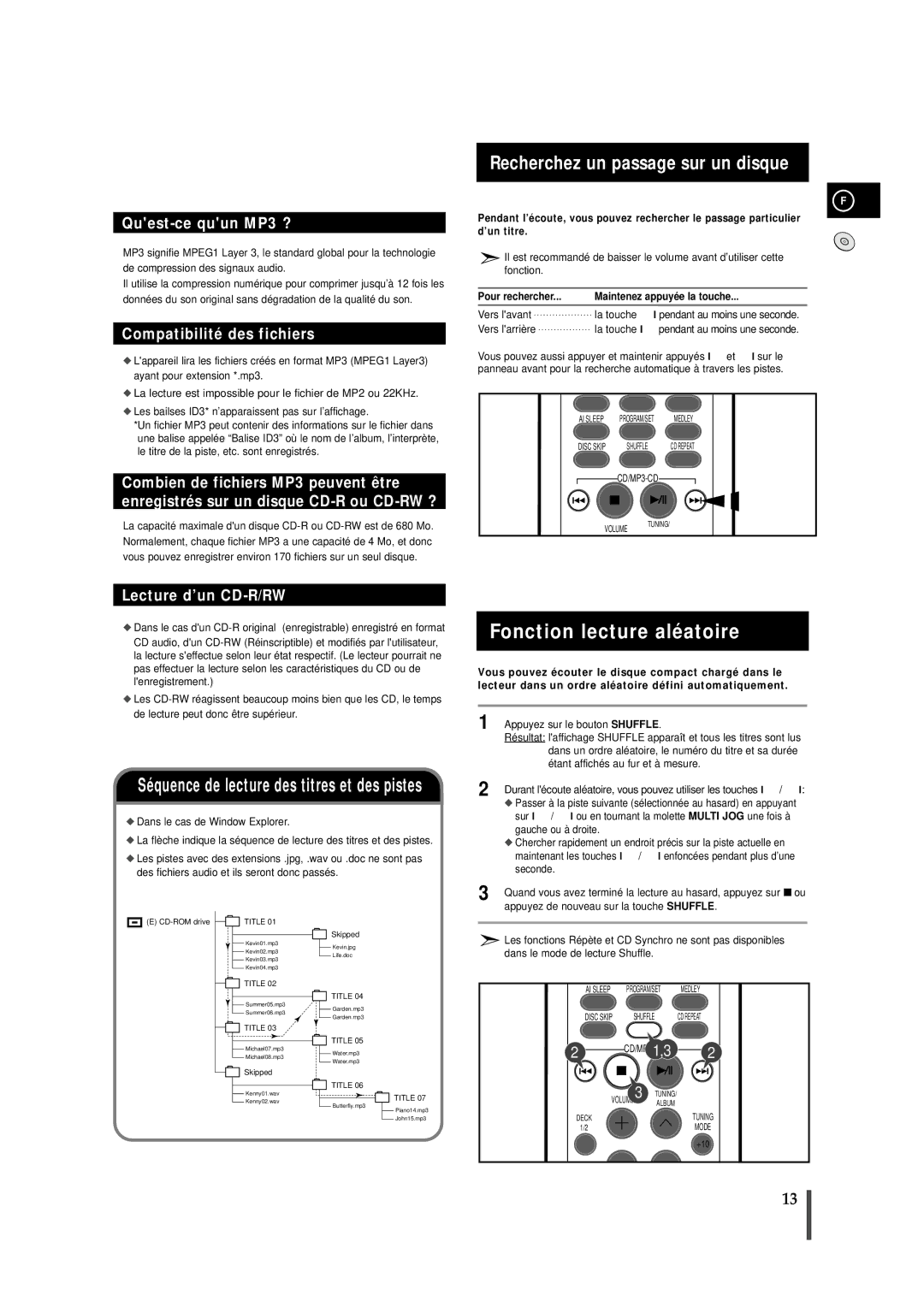 Samsung MAXZJ650RH/ELS manual Fonction lecture aléatoire, Recherchez un passage sur un disque, Pour rechercher, Vers lavant 