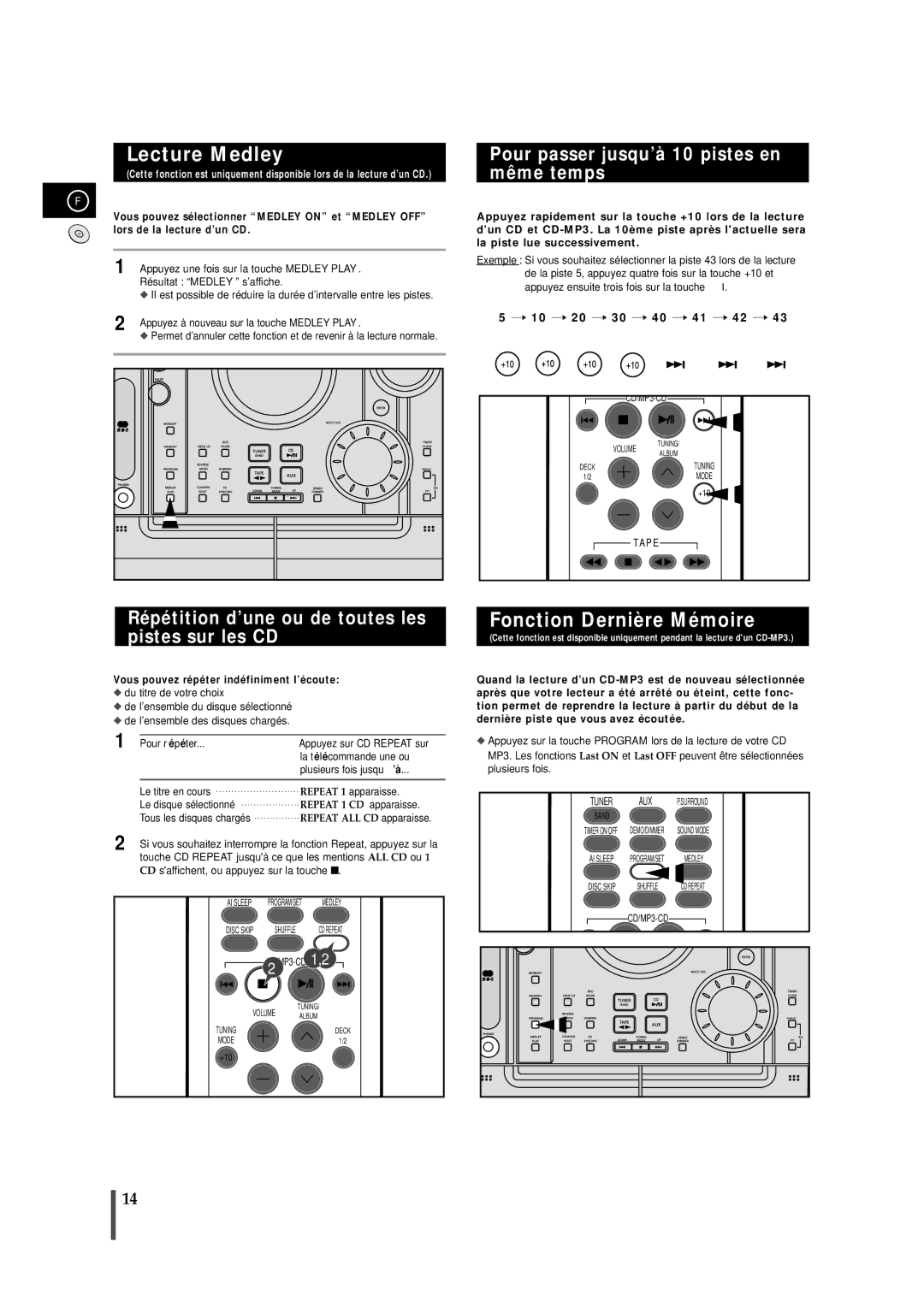 Samsung MAXZJ650RH/ELS manual Lecture Medley, Fonction Dernière Mémoire, Pour passer jusqu’à 10 pistes en même temps 