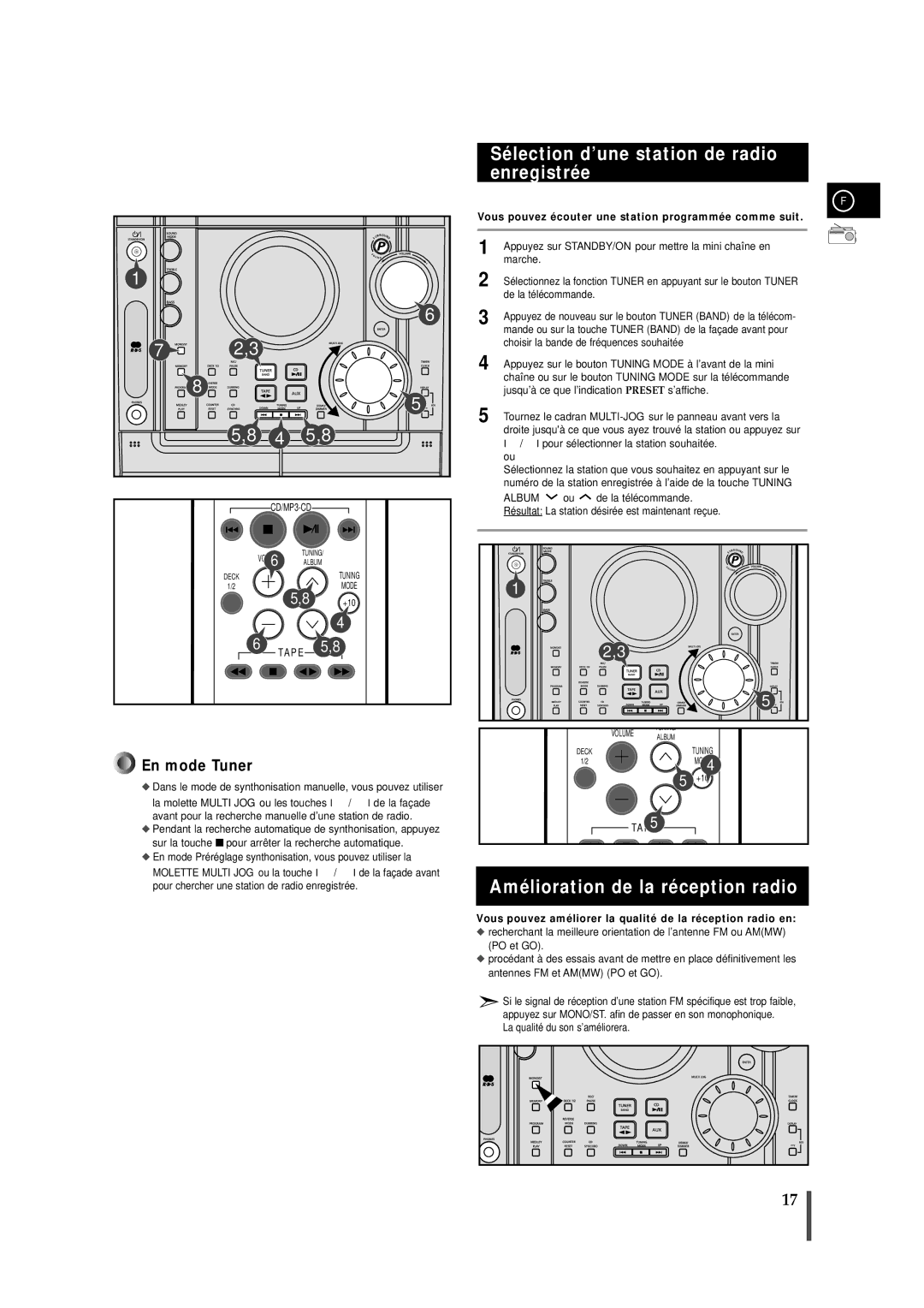 Samsung MAXZJ650RH/ELS manual Sélection d’une station de radio enregistrée, Amélioration de la réception radio 