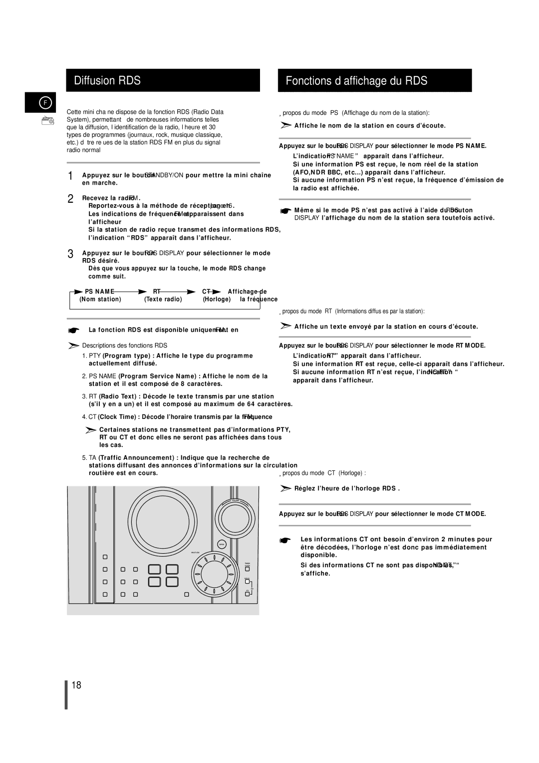 Samsung MAXZJ650RH/ELS manual Diffusion RDS, Fonctions d’affichage du RDS, Descriptions des fonctions RDS 