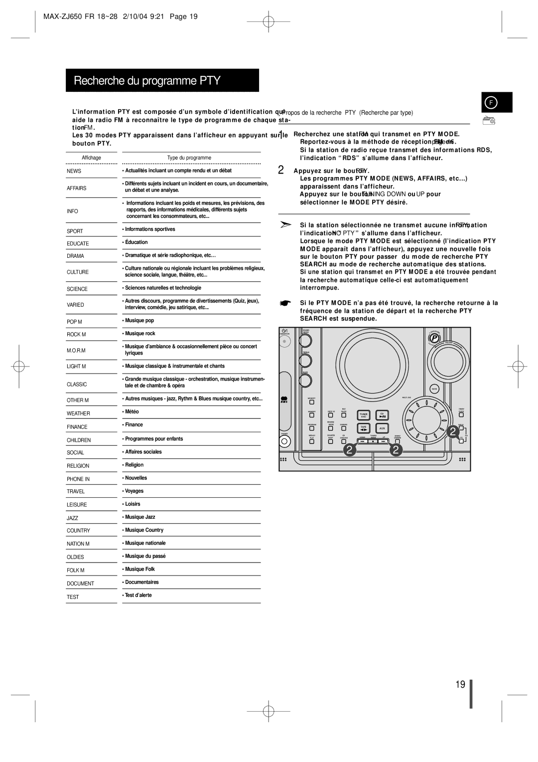 Samsung MAXZJ650RH/ELS manual Recherche du programme PTY, Propos de la recherche PTY Recherche par type 