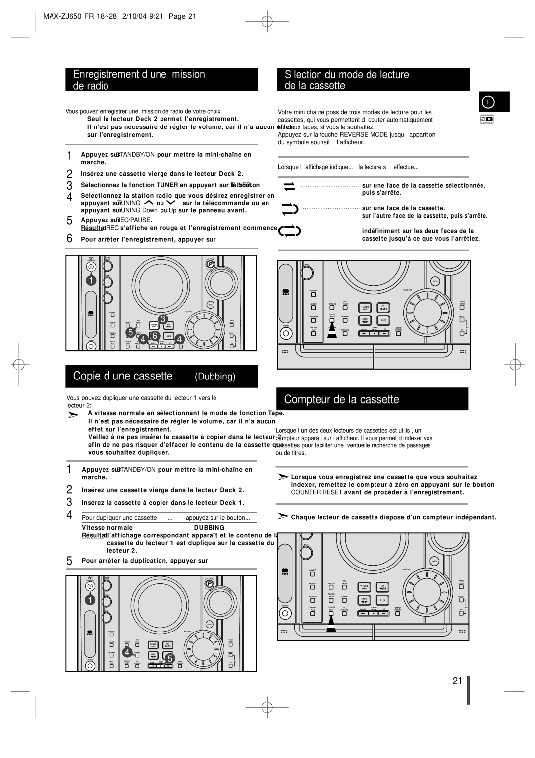 Samsung MAXZJ650RH/ELS manual Copie d’une cassette Dubbing, Compteur de la cassette, Enregistrement d’une émission de radio 