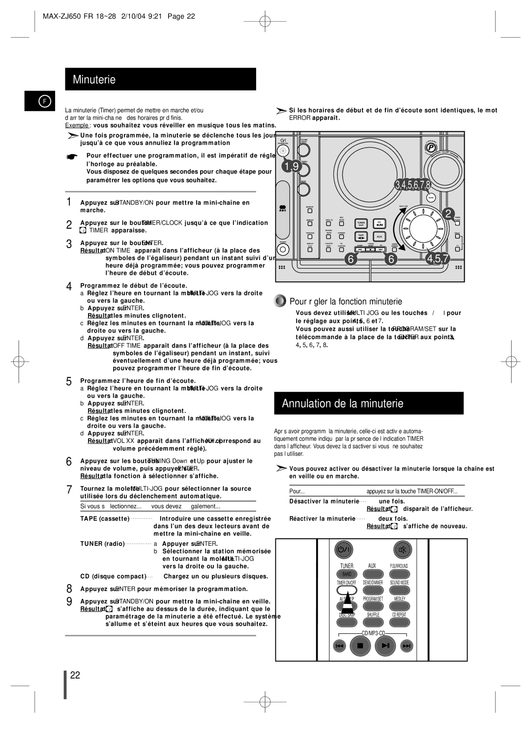 Samsung MAXZJ650RH/ELS manual Minuterie, Annulation de la minuterie, Si vous sé lectionnez Vous devez é galement 