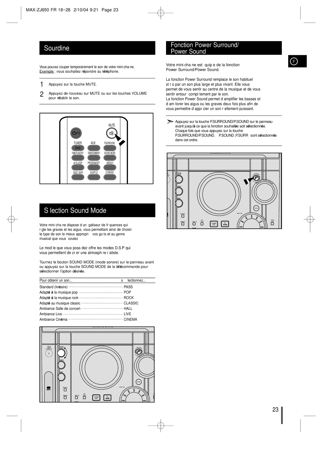 Samsung MAXZJ650RH/ELS manual Sourdine, Sélection Sound Mode, Fonction Power Surround Power Sound 